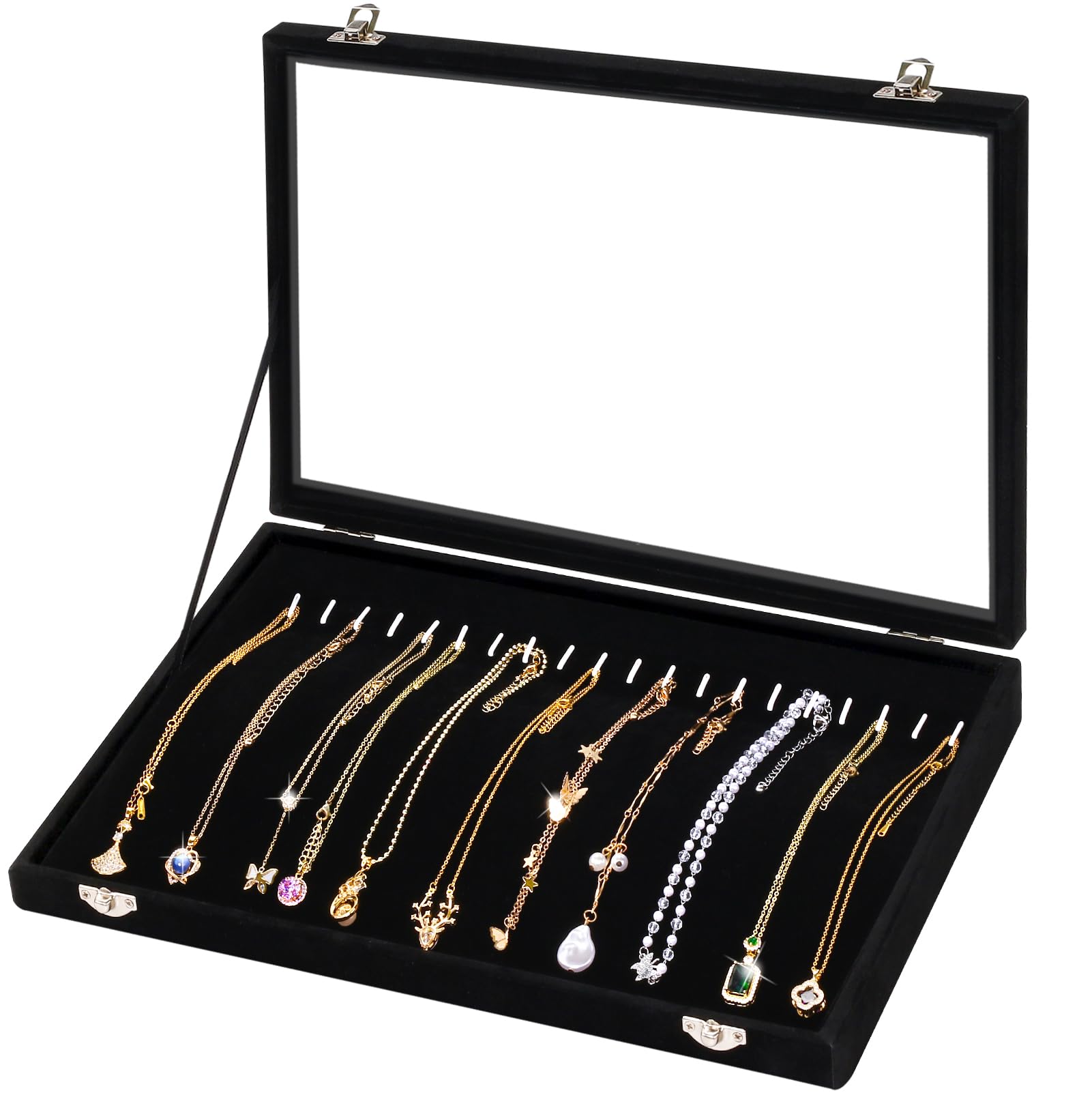 mepure Jewellery Box for Women, Velvet Necklace Holder with 20 Hooks, Clear Lid Necklace Stand, 35cm x 24cm x 5cm – Elegant Jewellery Storage Organiser