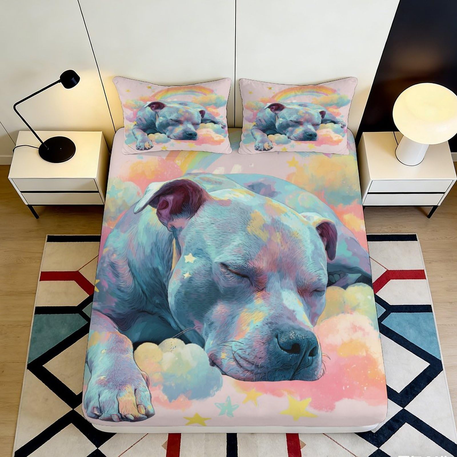 3D Printed Dreamy Dog Fitted Sheet Microfiber Pastel Clouds Bed Cover Non-Slip Easy Care for Bedroom Dorm Mattress Decor 90x200x25cm