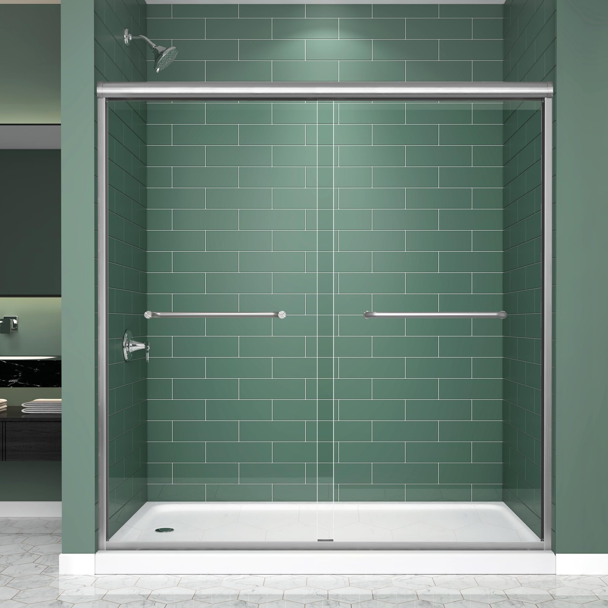 Double Sliding Shower Door 61-61-66" W x 70" H, Brushed Nickel, Bypass Shower Door, Clear Glass, Framed, 1/4" (6mm) Tempered Glass
