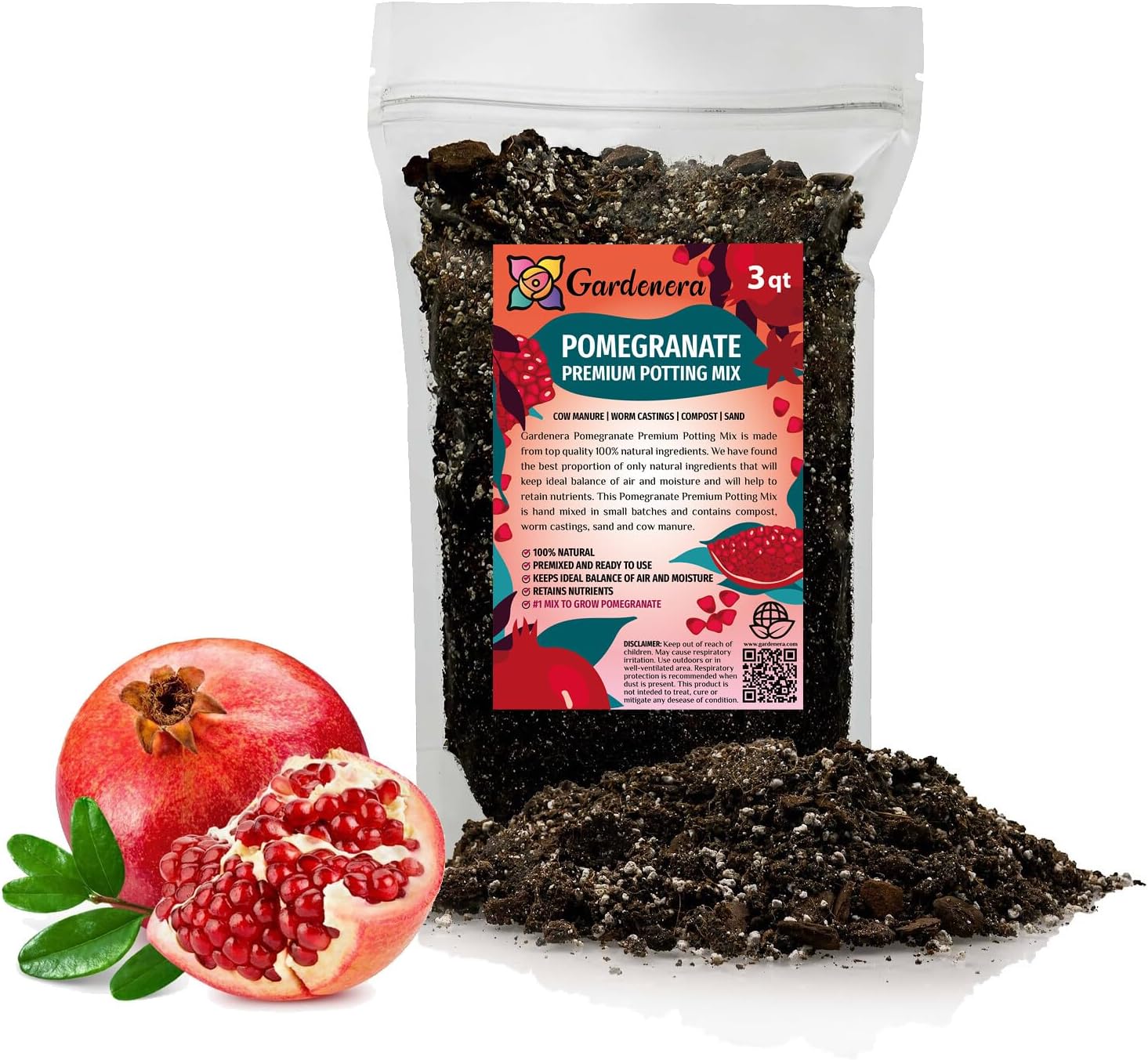 GARDENERA Premium Pomegranate Potting Soil Mix - Perfect Balance of Nutrients, Drainage, and Aeration for Thriving Pomegranate Trees - 3 Quart
