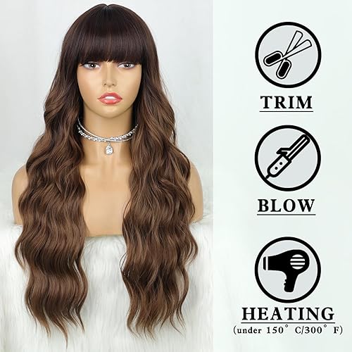 Miniatura 6 de AISI QUEENS Peluca de color marrón degradado con flequillo, pelucas largas onduladas de color marrón con raíz oscura, pelucas sintéticas resistentes