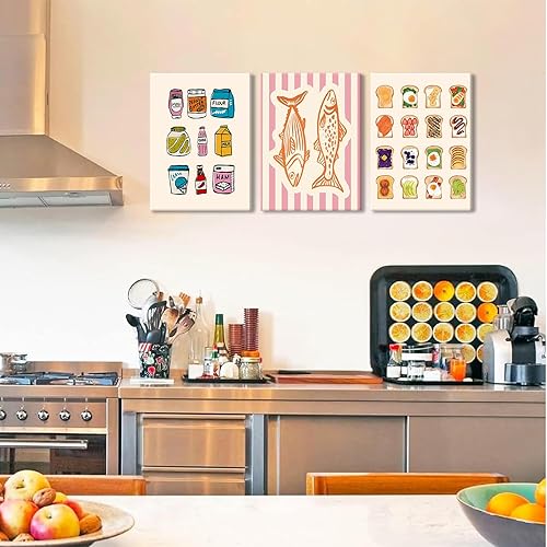 Miniatura 2 de Juego de 3 pinturas artísticas de pared de cocina divertidas, con diseño de aguacate y tostadas de aguacate, cuadro vintage de acuarela de sardinas