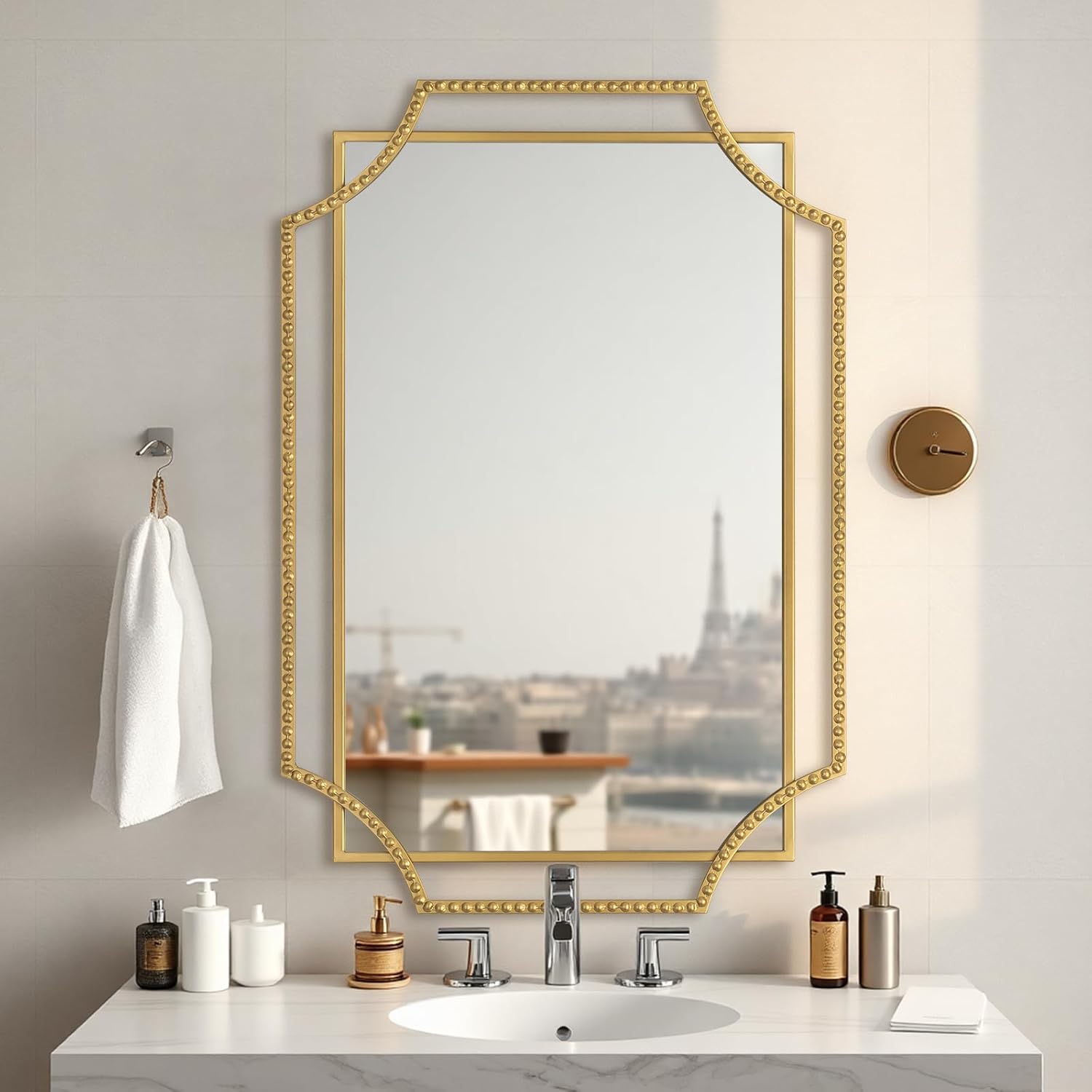 Gold Bathroom Mirror for Wall with Beaded Frame – 24"x36" Rectangle Vanity Mirror for Entryway, Living Room, Bedroom