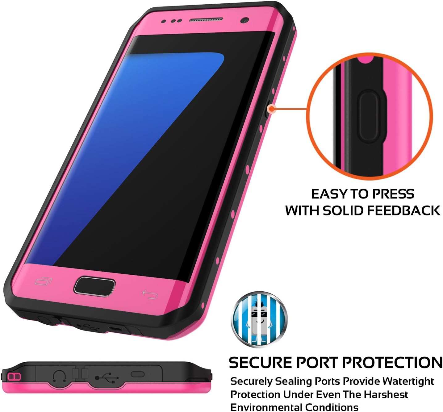 PunkCase Galaxy S7 Edge Waterproof Case, [StudStar Series] [Slim Fit] [IP68 Certified] [Shockproof] [Dirtproof] [Snowproof] Armor Cover for Samsung Galaxy S7 Edge [Pink]