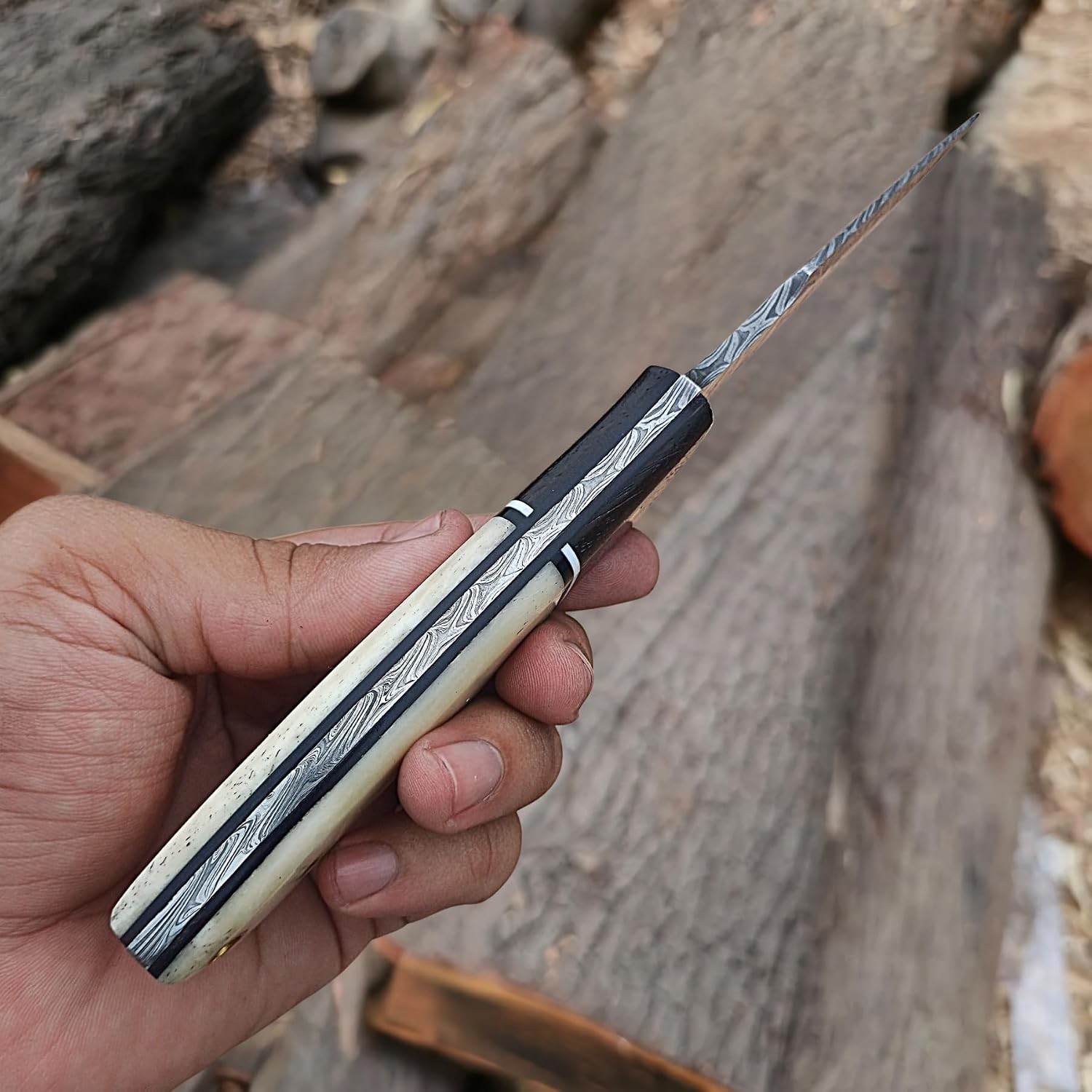 8in Damascus Steel Edc Fixed Blade Knife Full Tang Horizontal Carry Handmade Damascus Hunting knife with leather Sheath (Bushcraft)