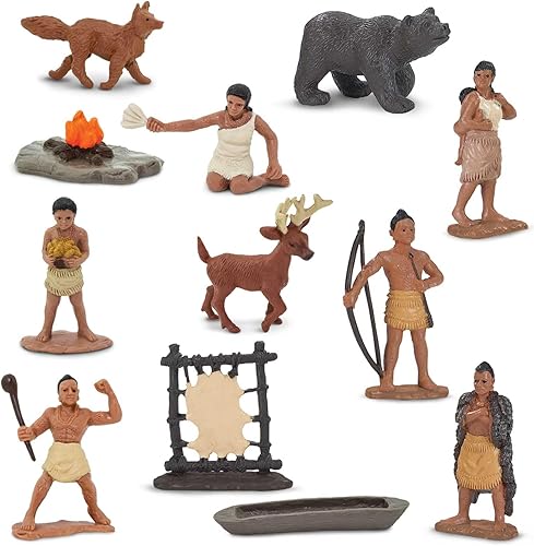 Miniatura 5 de Juego de la tribu de indios Powhatan con 12 piezas, incluyendo una fogata de campo, mujer Powhatan cocinera, un zorro, piel de ciervo, oso, ciervos,
