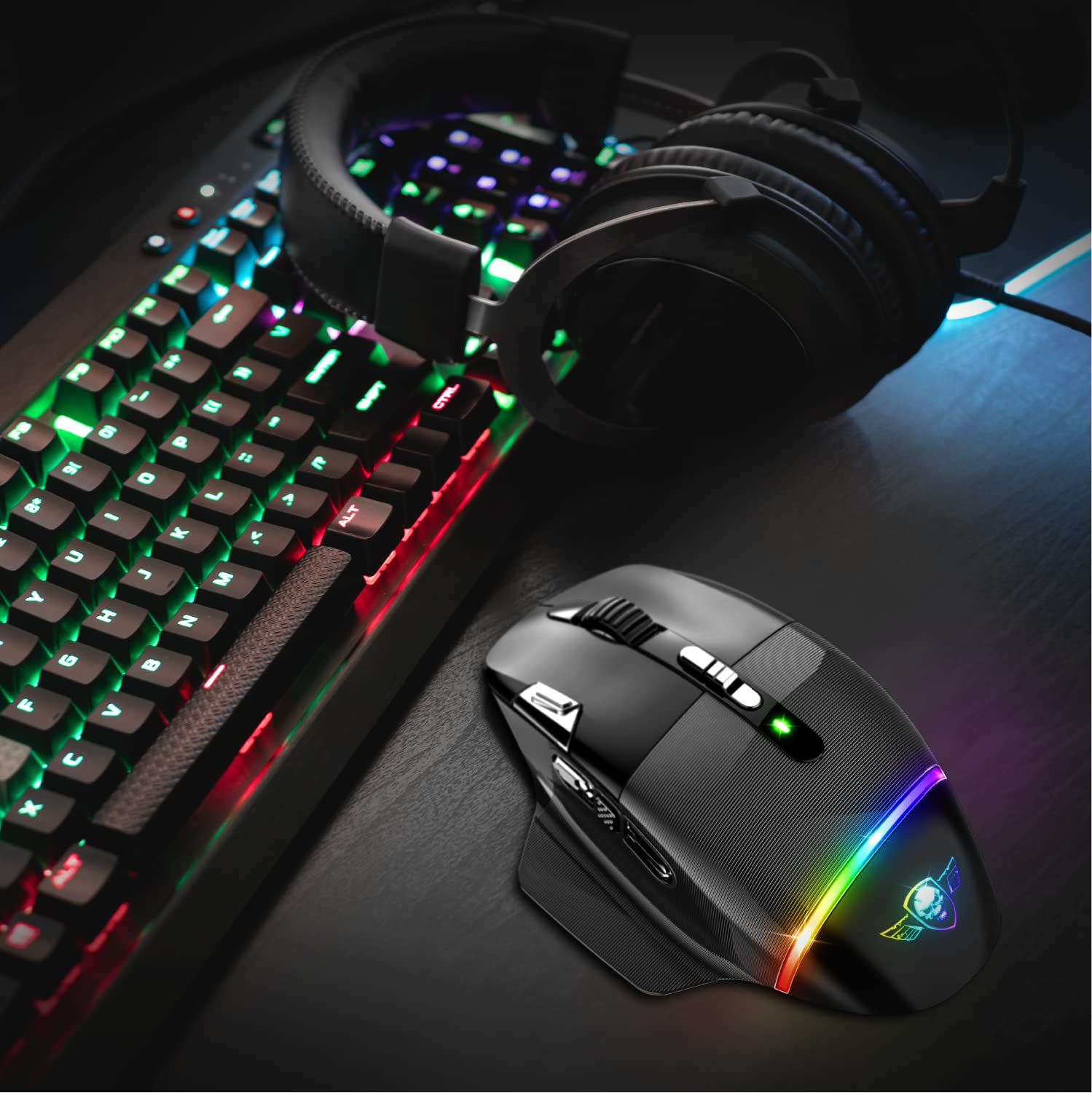 Spirit Of Gamer XPERT M800, Souris Gamer Sans Fil Rechargeable, 9 Boutons Programmables, Capteur Optique 10 000 DPI, 11 effets de Rétroéclairage RGB, Souris Ergonomique avec Repose Pouce Pour PC Gamer