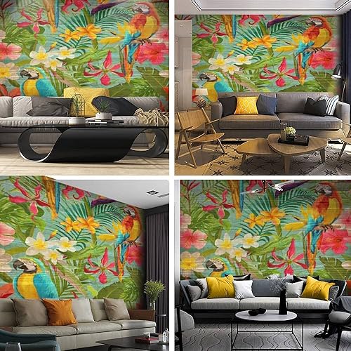 Miniatura 4 de Papel pintado en lienzo, estampado de flores tropicales y loros sin costuras, patrón floral de verano para autoadhesivo, papel tapiz de despegar y