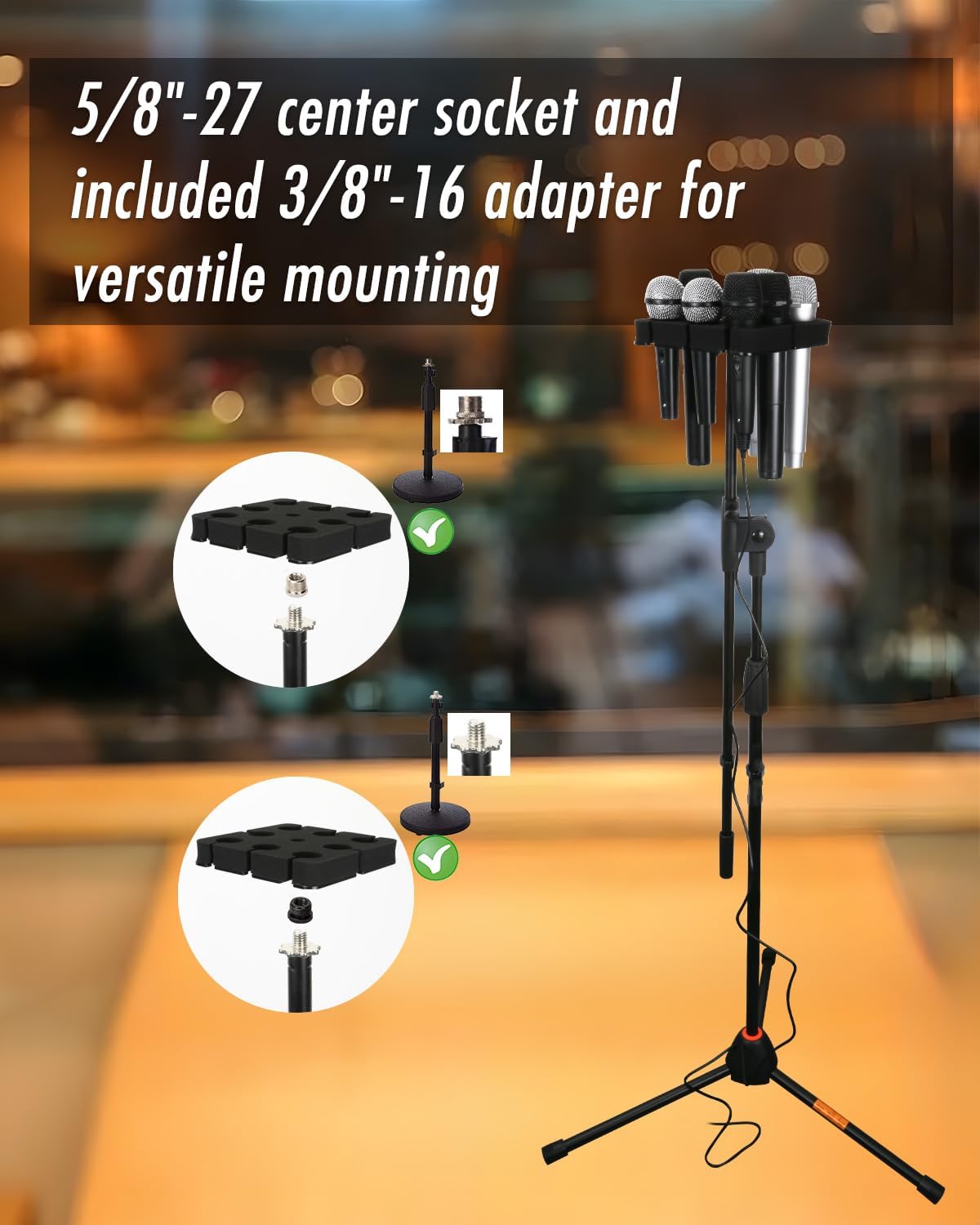 Numhag Multi Microphone Holder Holds Up to 8 Mics, Ideal Mics Holder for Stage Organization and Display, with 3/8""-16 Threaded Adapter, Aluminum, Black, Numhag_micholder_fx_8_00188