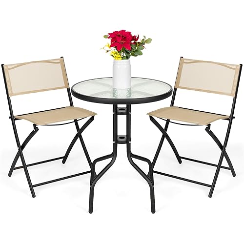 Best Choice Products 3-Piece Patio Bistro Dining Furniture Set w/Textured Glass Tabletop, 2 Folding Chairs, Steel Frame, Polyester Fabric - Beige
