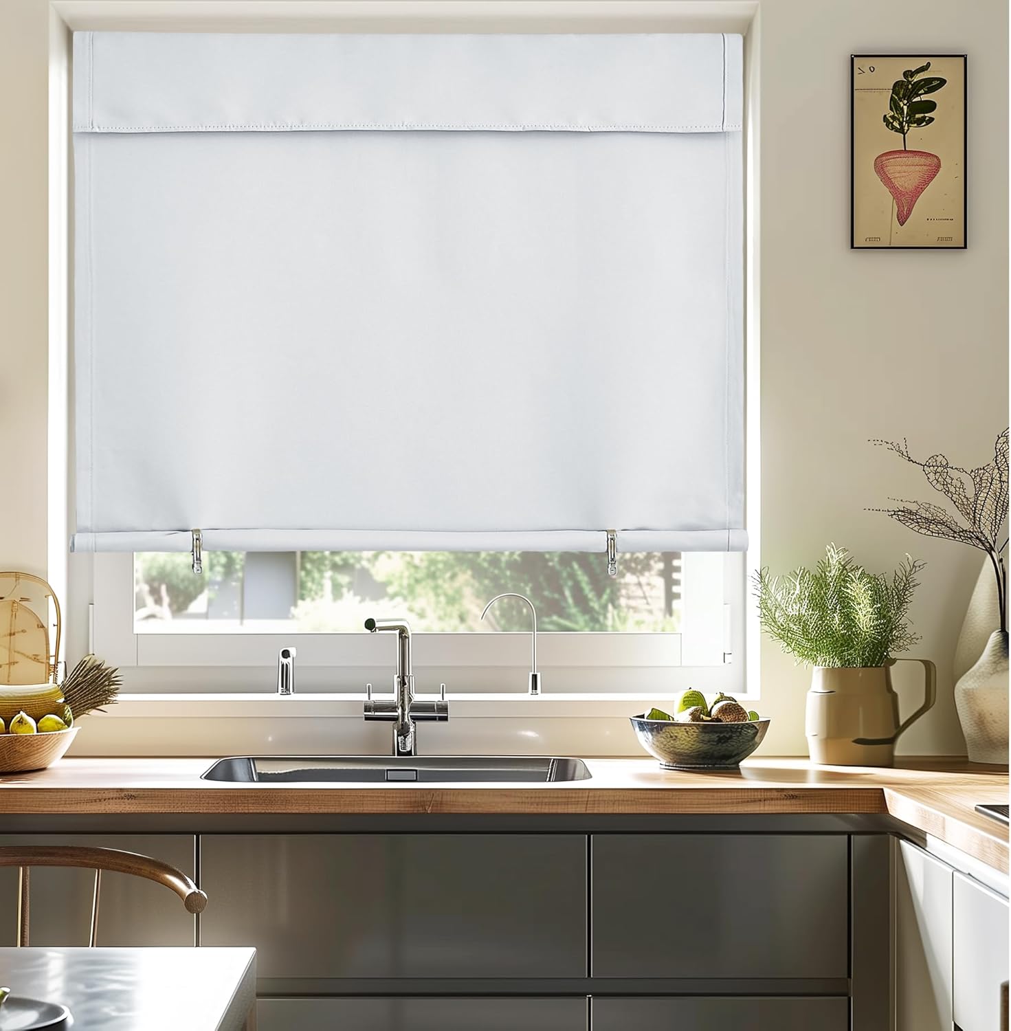 NICETOWN Short Blackout Curtains for Bedroom - Portable Thermal Insulated Self Adhesive Window Curtains for Living Room Bedroom, 1 Panel Sewn with Tiebacks, Greyish White, 52 x 63 Inch