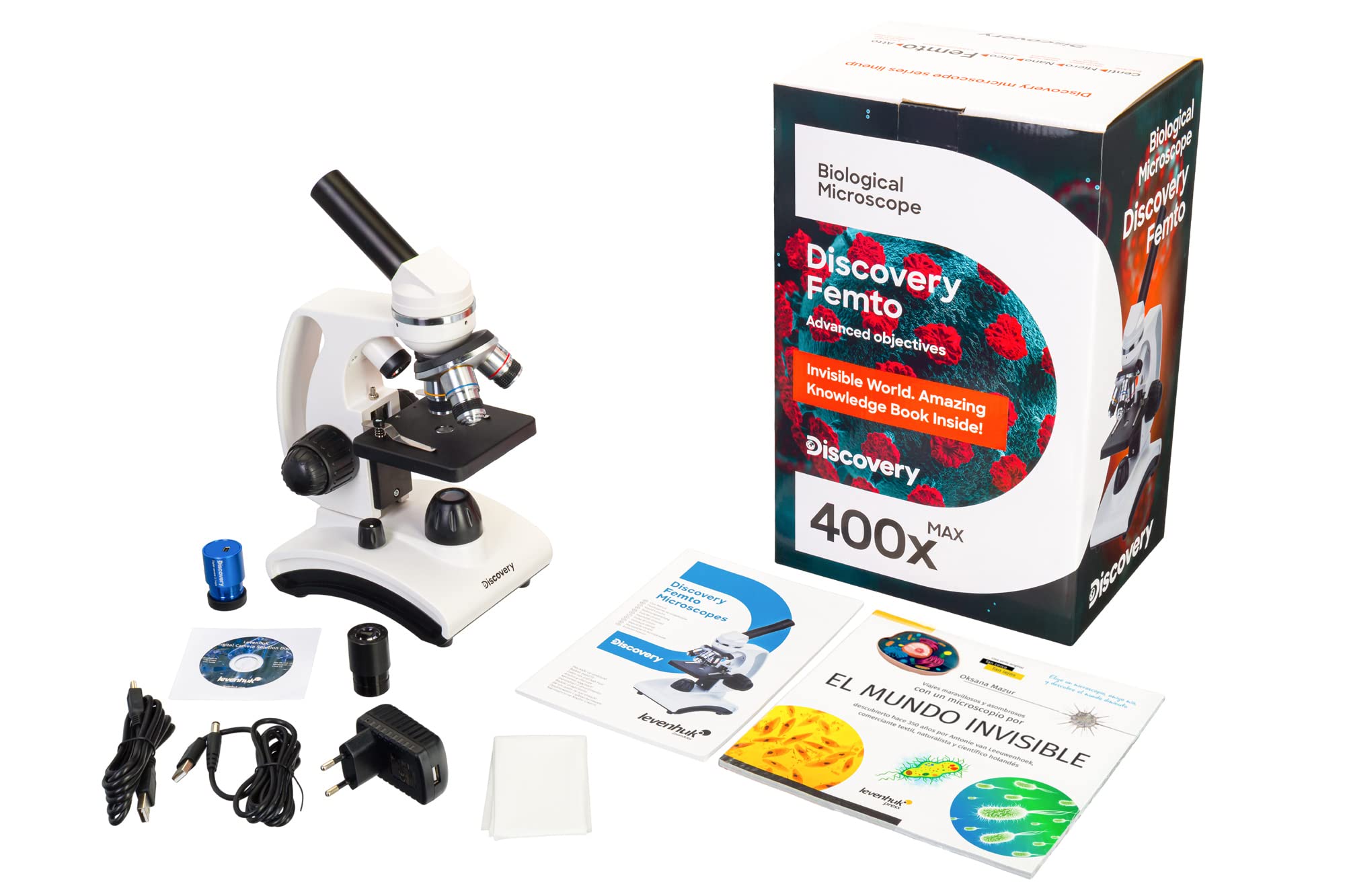 Przenośny Metalowy Cyfrowy Mikroskop Edukacyjny dla Początkujących i Dzieci Discovery Femto Polar z Kamerą 3 Mpix i Kolorową Książką w Języku Hiszpanskim w Zestawie