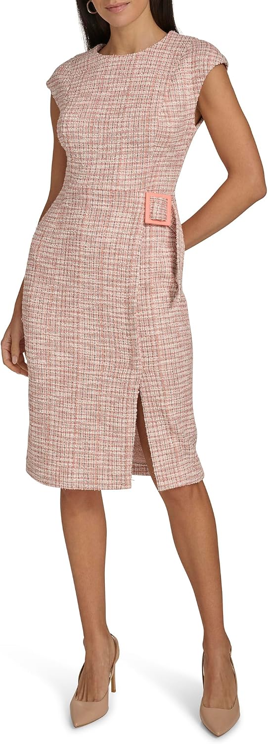 Calvin Klein Women's Cap Sleeve Belted Knee Length Tweed Sheath Dress