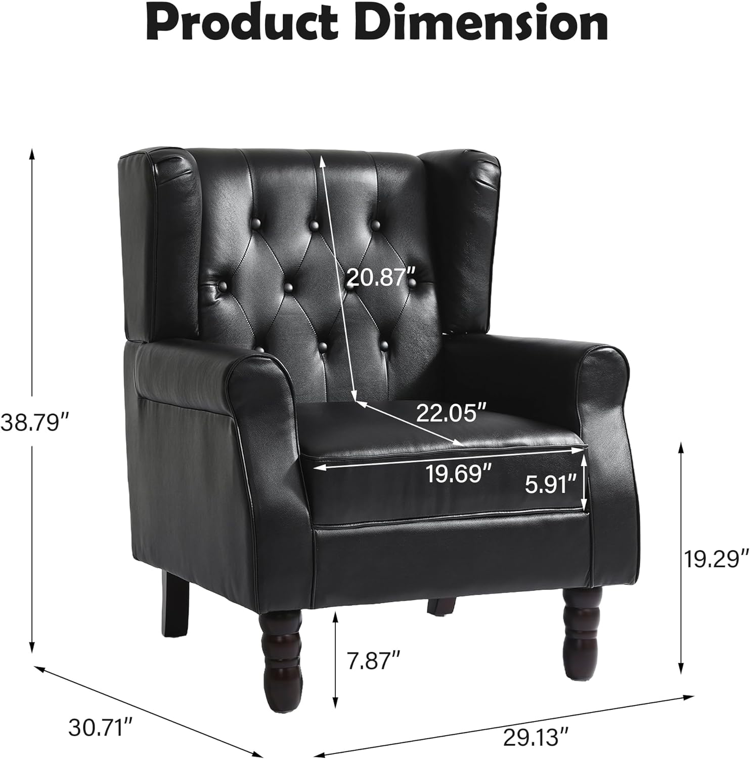 Mid-Century Modern Wingback Accent Chair - Luxe PU Faux Leather Upholstery with Solid Wood Legs, Ergonomic High Back Design - Water Resistant Living Room, Bedroom & Home Office Chair (Black)