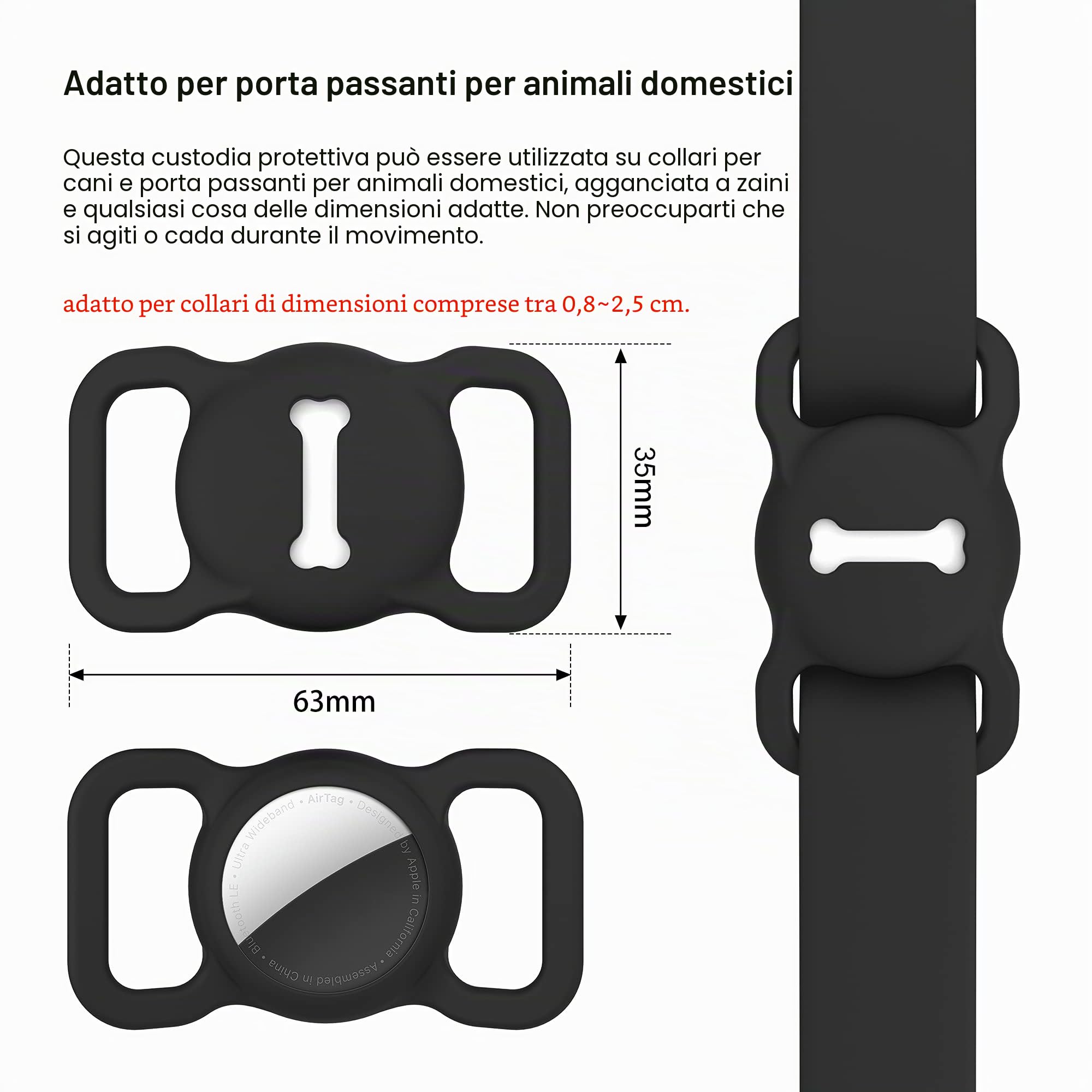 Airtag - Supporto per collare per cani, DLENP, in silicone, per il monitoraggio GPS, per gatti e gatti con motivo osseo (1 confezione (nero)