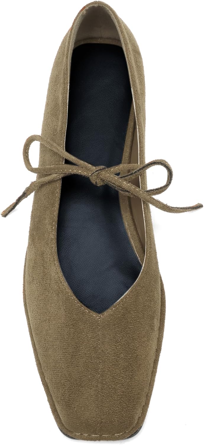 Lace Up Square Toe Ballet Flats for Women Cute Bow Slip On Mary Jane Flats Casual Ballerina Shoes