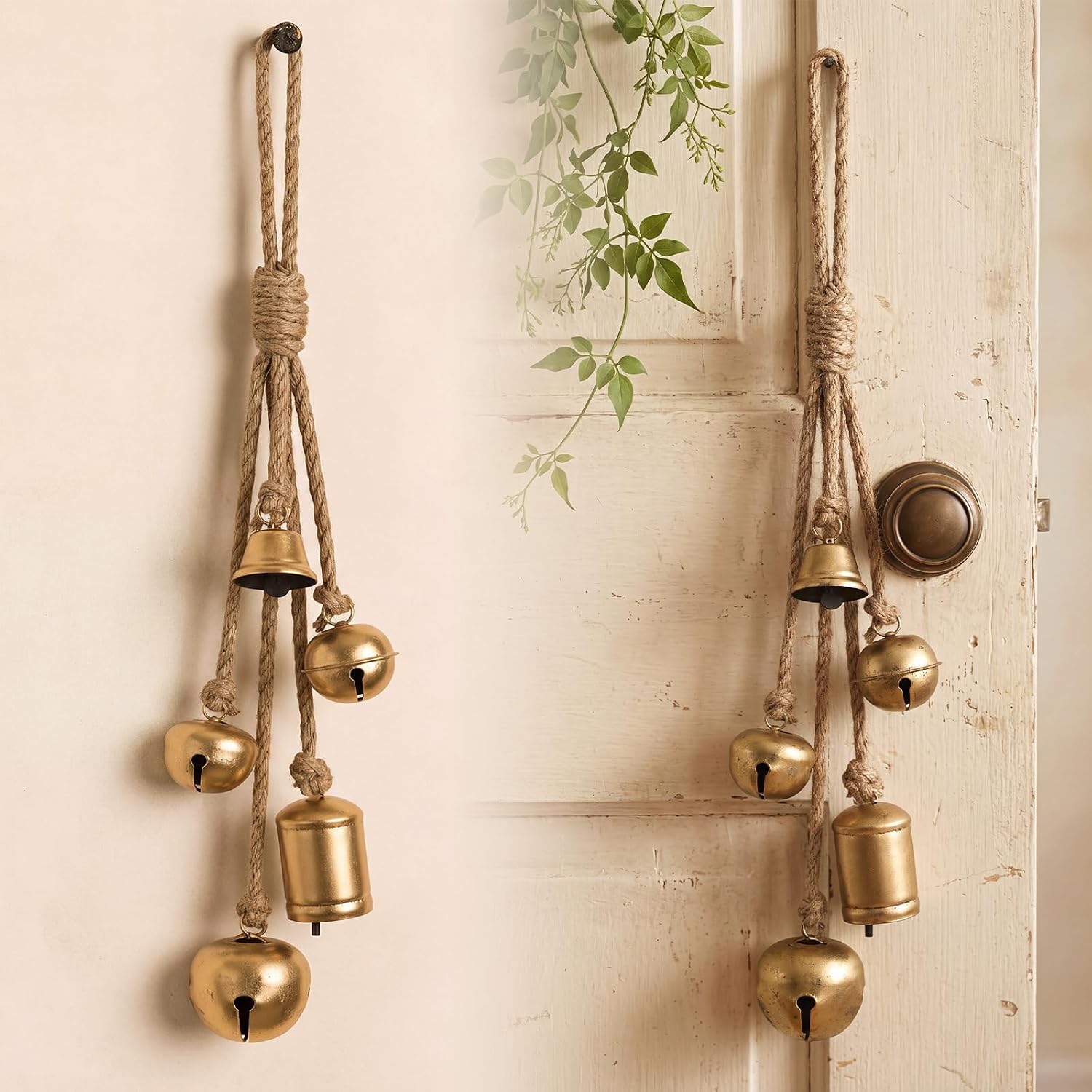 Flutesan 2 Pack Rustic Gold Christmas Bells with Hanging Rope 17.7 Inch