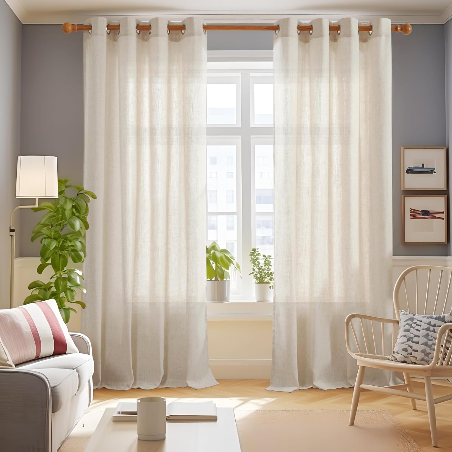 Deconovo Boho Curtains, Linen Blend Semi Sheer Curtains, Linen Look Grommet Solid Textured Drapes for Sliding Door, Flaxen, 2 Panels, 52x108 Inch