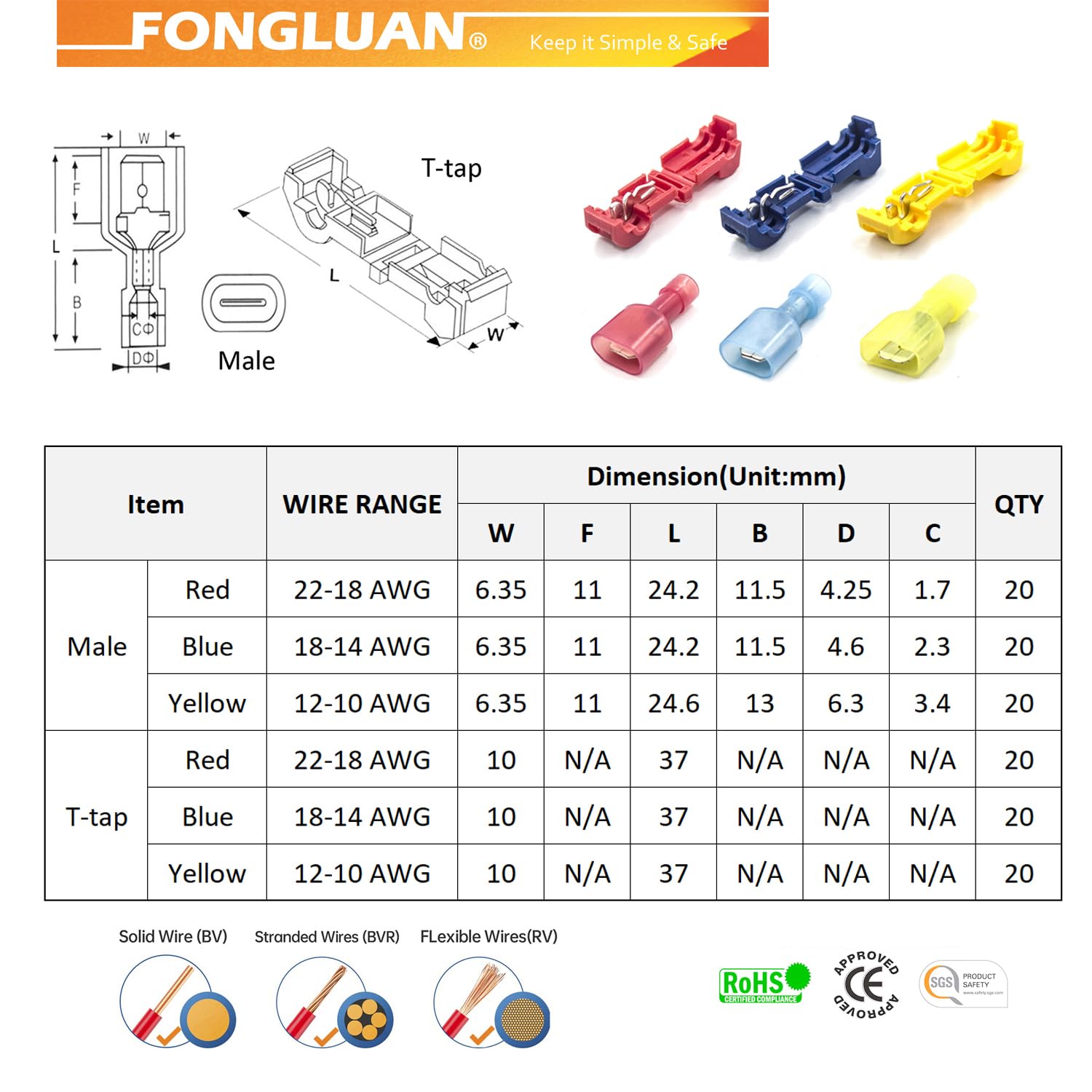 120pcs T-Tap Quick Splice Wire Connectors 24-10 Gauge Quick Disconnects Electrical Crimp Terminals Connector Assortment Set
