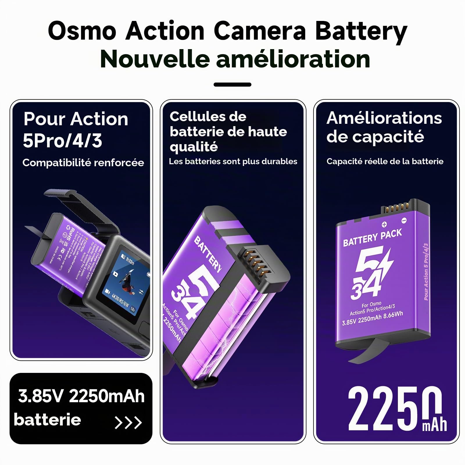 CITYORK 2250mAh (Lot de 3) Batterie Chargeur Kit de pour .DJI-Osmo. Action 6 Pro/Action 5 Pro/Osmo 4 /Osmo 3 Chargeur pour caméra Sportive, Batterie Slots Double Canal, avec écran LCD et câble USB