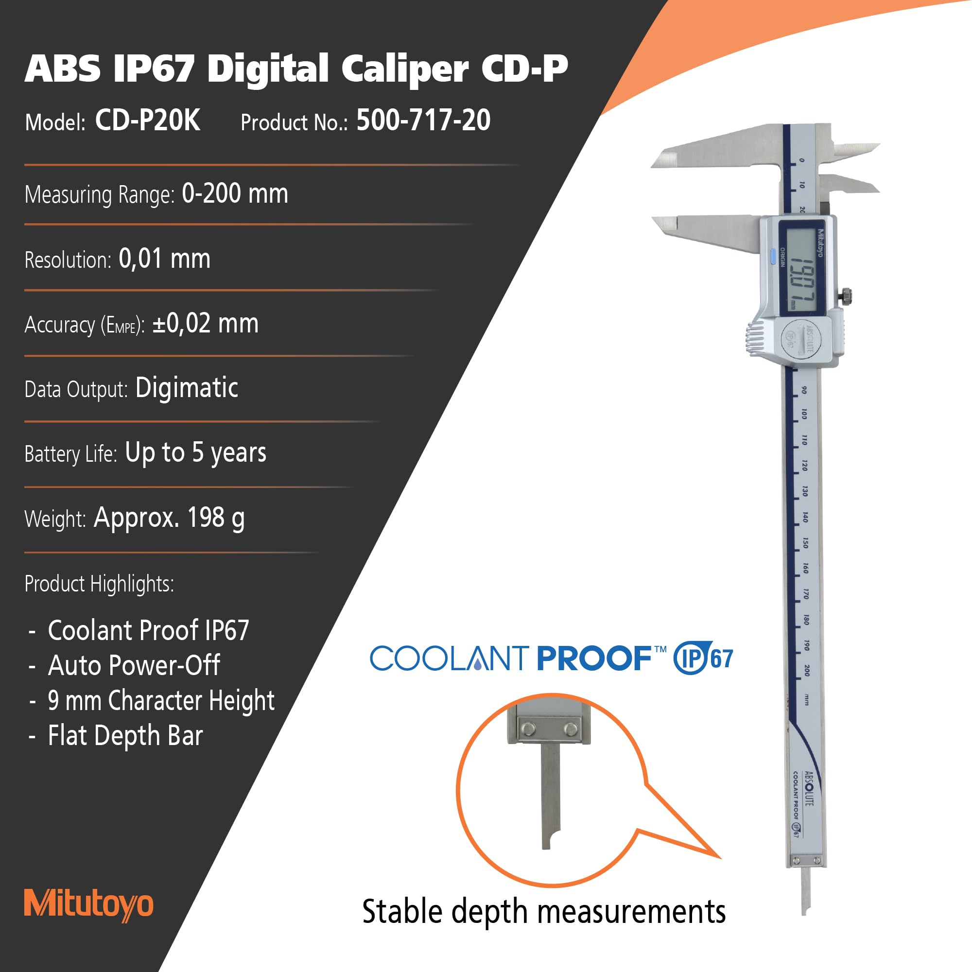 Mitutoyo Cyfrowa suwmiarka ABS CoolantProof IP67, 0-200 mm, miernik głębokości