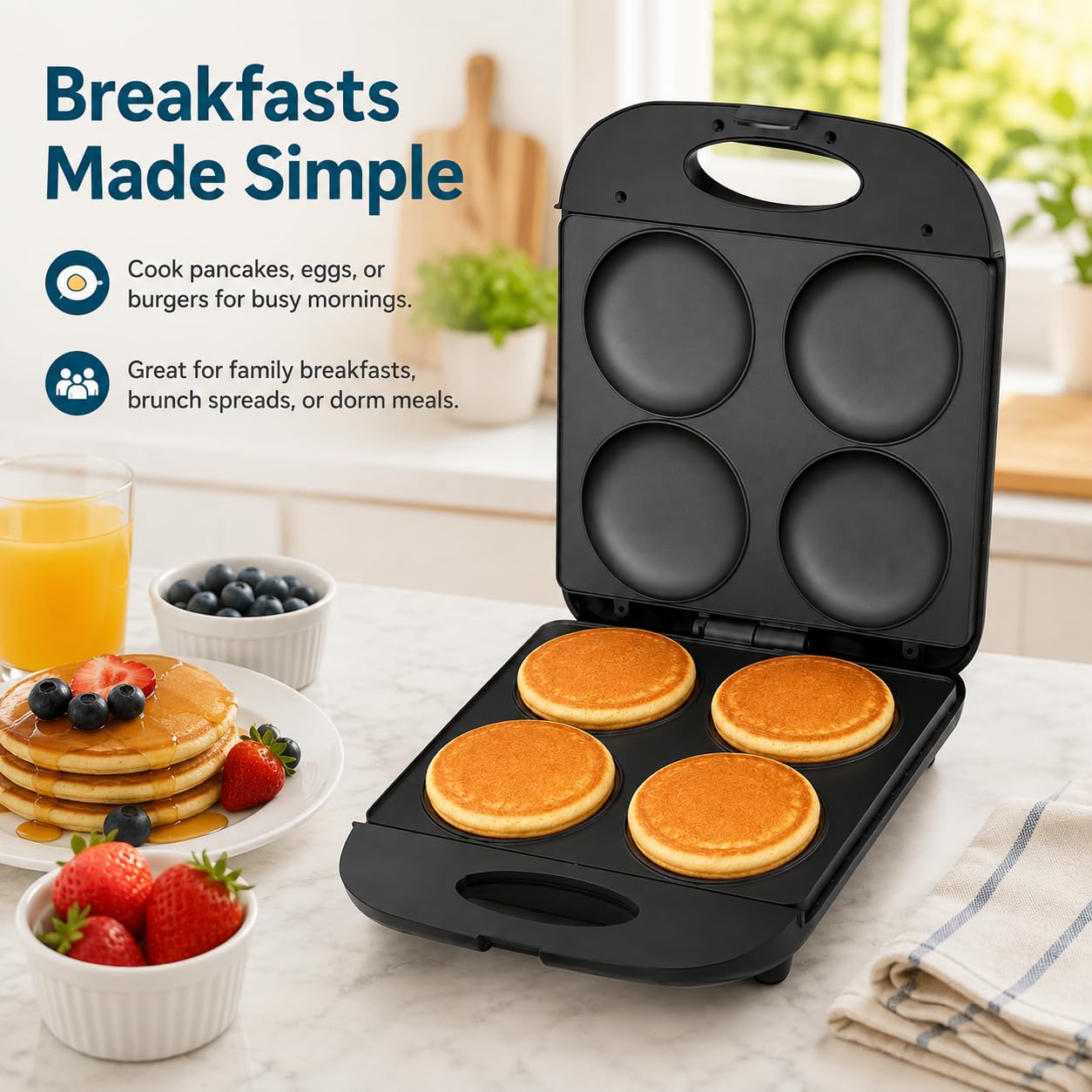 Mini Pancake Maker, 4 Ranuras para Pancakes, Huevos y Hamburguesas