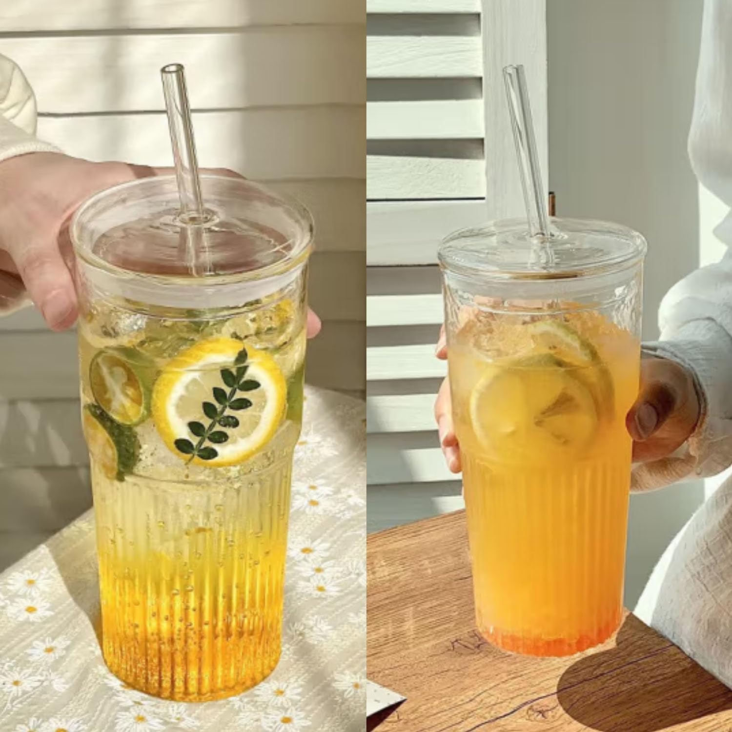 6PCS Reusable Glass Straws, 12"x8mm Extra Long Clear Replacement Drinking Straws for 40 oz Tumblers with 2 Cleaning Brushes and 6pcs Silicone Tips