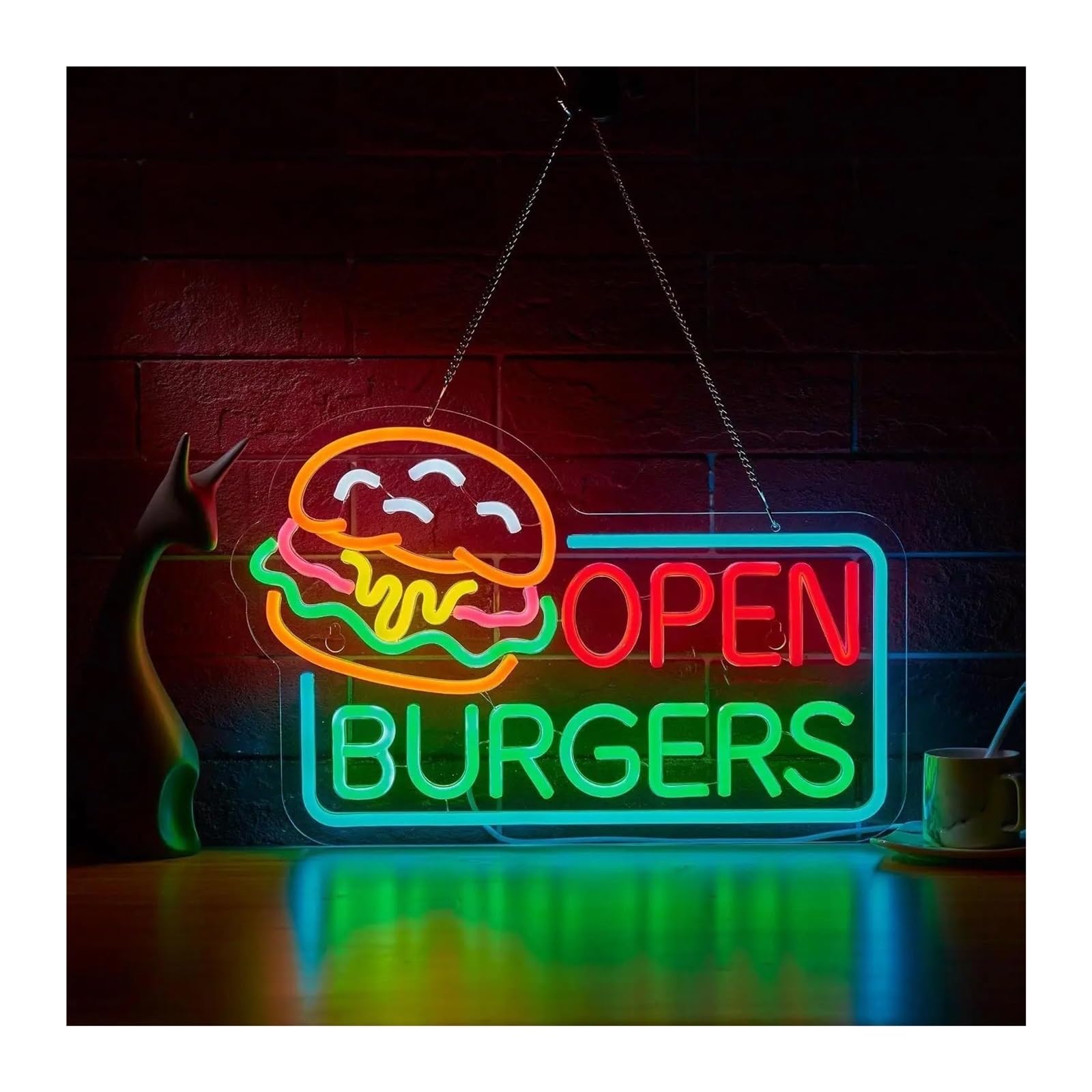 Xenite One Color Hanging Art Neon Signs Burgers Open Neon Sign Dimmable For Wall Decor Business Hamburger Food Shop Window Display Usb Powered 40X25.9cm