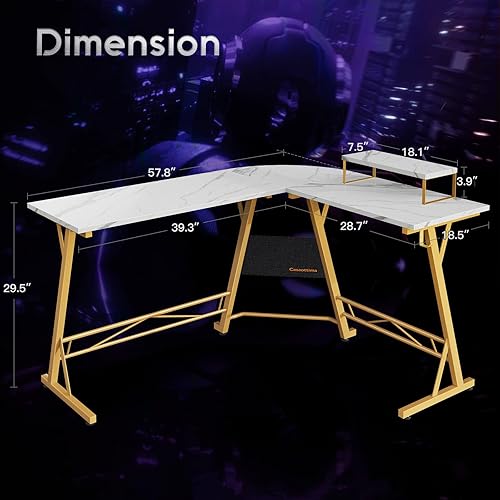 Miniatura 3 de Escritorio en forma de L, de esquina con soporte para monitor para juegos u oficina en casa, 58 pulgadas, mármol laminado.