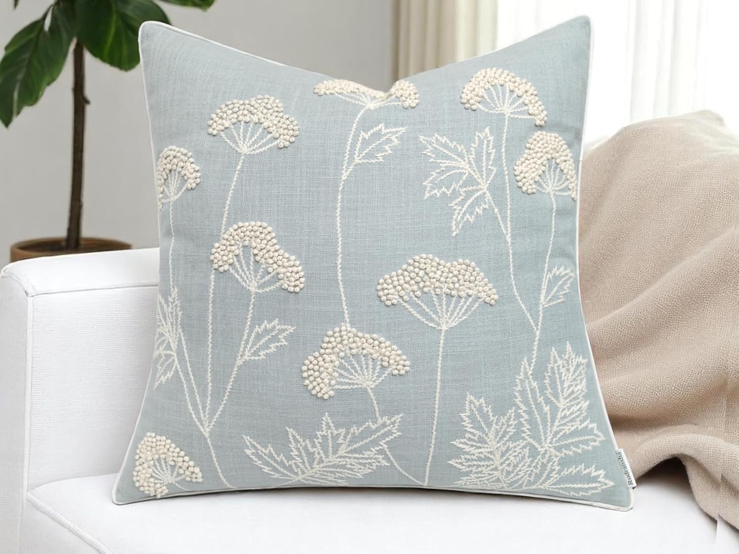 Rudransha Hand Embroidered Wildflower Throw Pillow Cover - 18x18 Inch Ivory Cotton - Blooming
