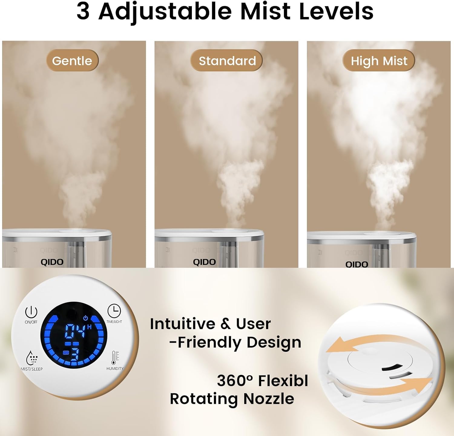 QIDO Top Fill Humidifiers for Bedroom, 5 L Cool Mist 36H Super Long Time, Quiet 28dB Essential Oil Diffuser for Baby & Plants, 3 Adjustable Mist with Touch/APP/7-color Nightlight, Auto Shut-off, White