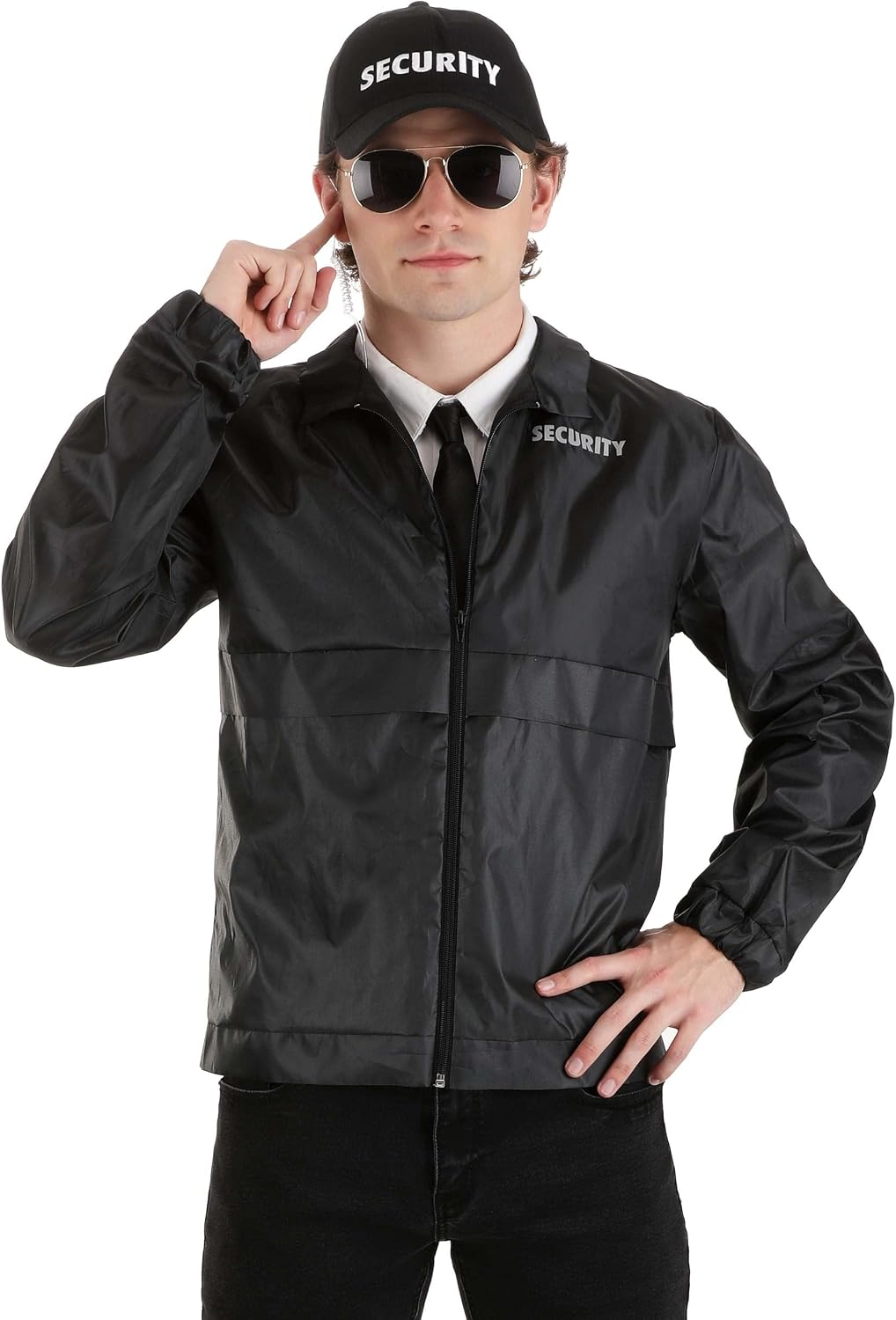 Adult Security Guard Halloween Costume for Men with Security Jacket, Cap, and Earpiece Accessory
