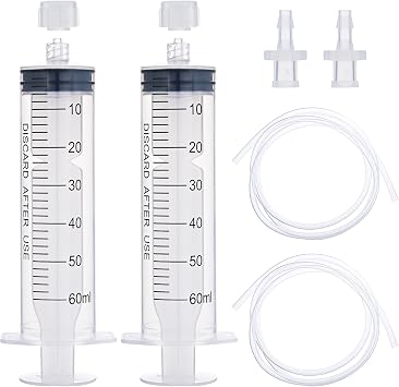 2 Pack 60ml Luer Lock Syringe with 39" Tube and Luer Connectors | 60cc Large Plastic Syringes for Liquid, Oil, Feeding, Watering