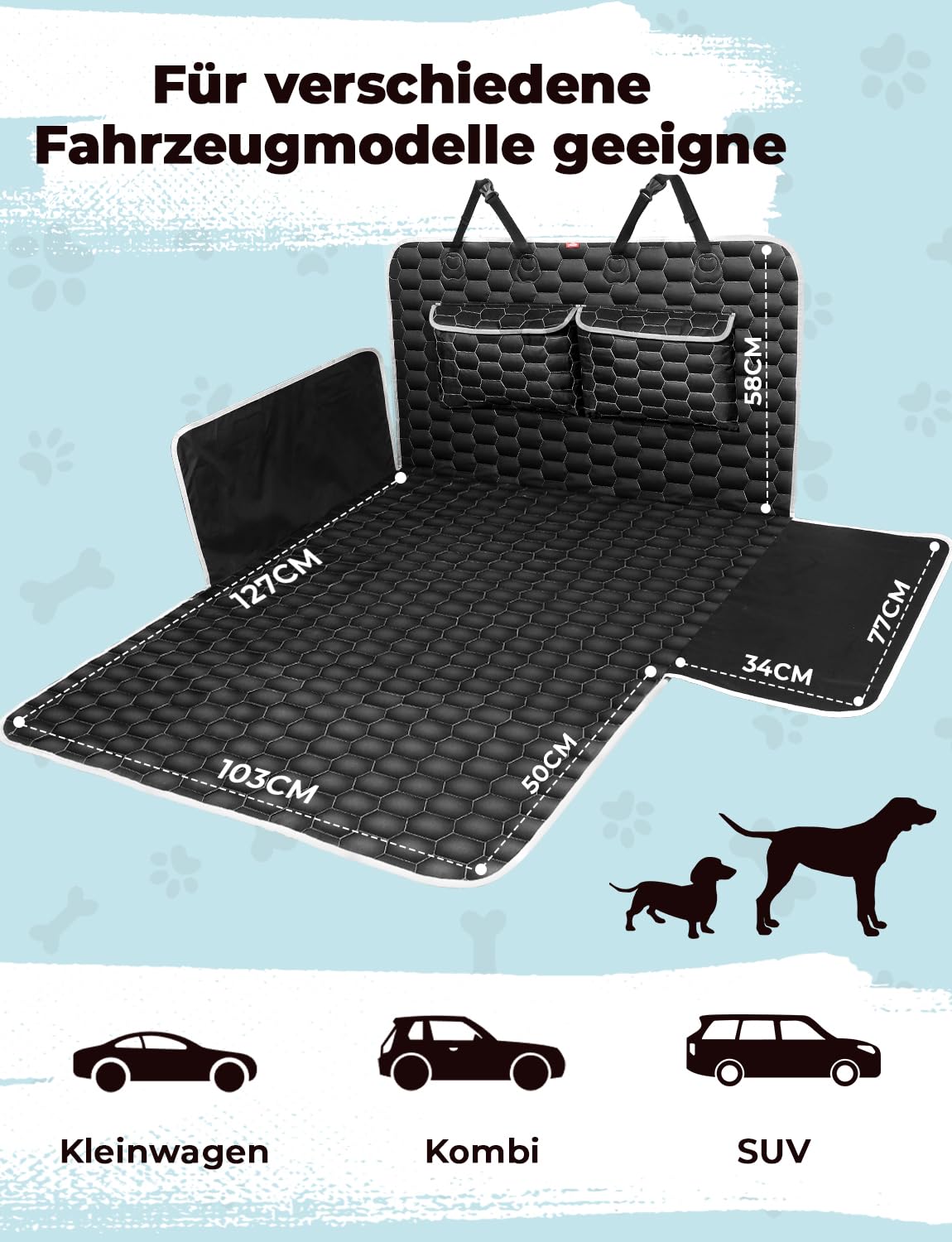 Oasser Kofferraumschutz Hund Kofferraum Schutzmatte 185x103cm Universal Auto 600D mit 2 Großen Taschen Seiten-und Ladekantenschutz Wasserdicht Kratzfest rutschfest Staubdicht für Limousinen und SUV