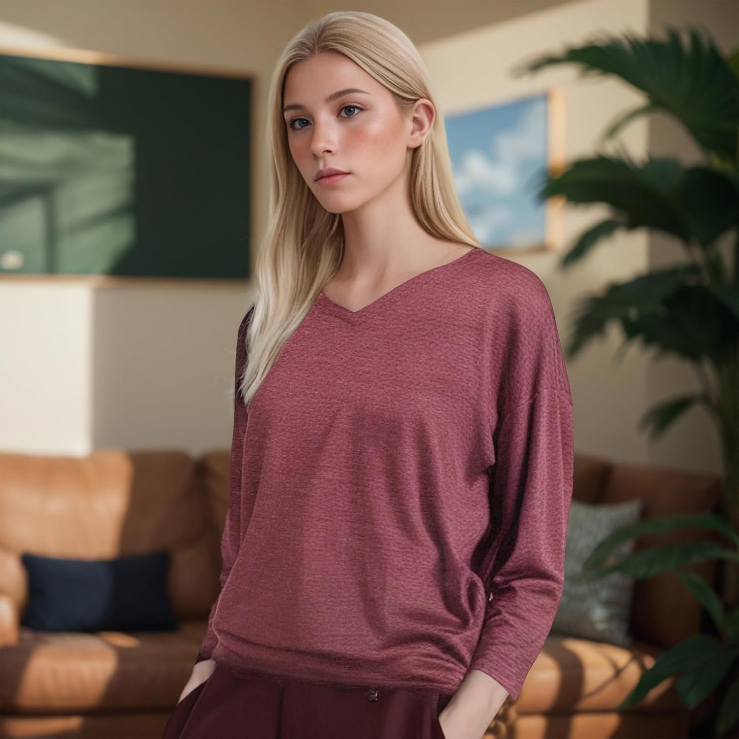 Women's T-Shirts, Long Sleeve V Neck Shirts Loose Causal Basic Tee Tops Fall Fashion Outfits Clothes - Image 3