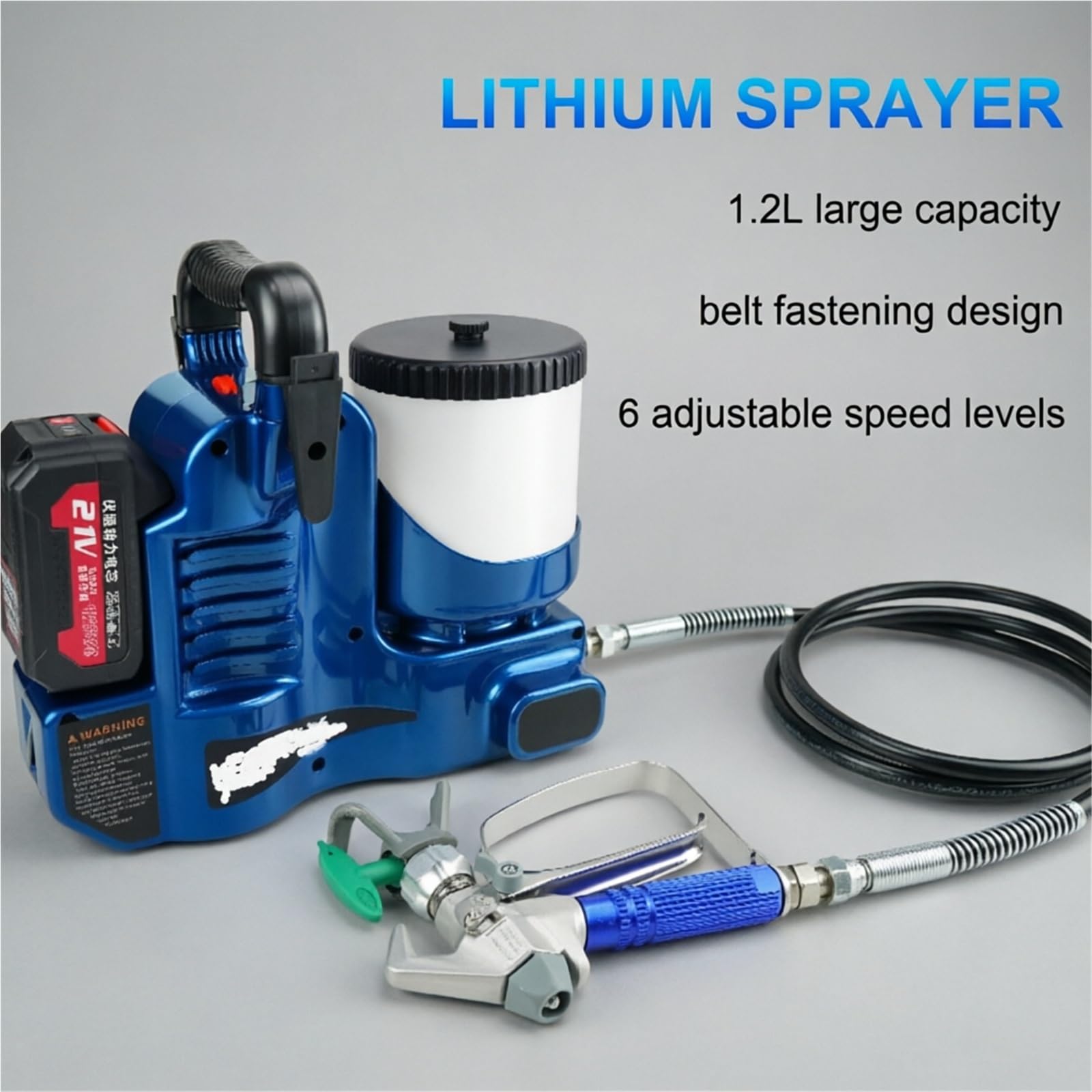 Pulverizador portátil sin aire Pistola pulverizadora inalámbrica para pintura Con 6 velocidades ajustables Manguera de 70" Depósito de 1,2 l Para pequeñas reformas(1battery+1charger)