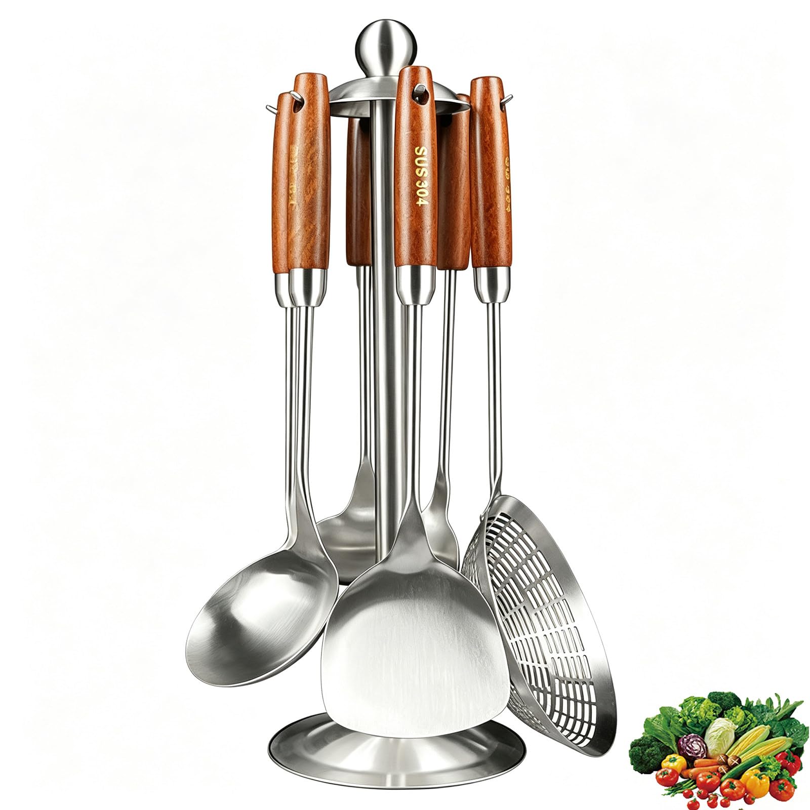 Set di 6 Utensili da Cucina in Acciaio Inox 304 con Supporto Girevole E Manici in Legno Massello Termoisolanti (Spatole, Mestoli, ECC.) per La Cucina di Casa