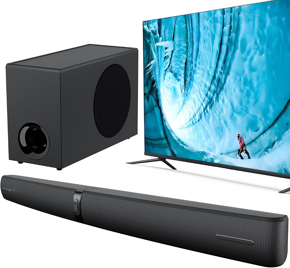 Barra de sonido 2.1 con subwoofer, barra de sonido de 110 W para Smart TV con graves profundos ajustables y aumento de volumen y 3 modos de ecualizador, Bluetooth/ARC/Opt/AUX, barra de sonido para TV/PC/juegos/proyector (negro)