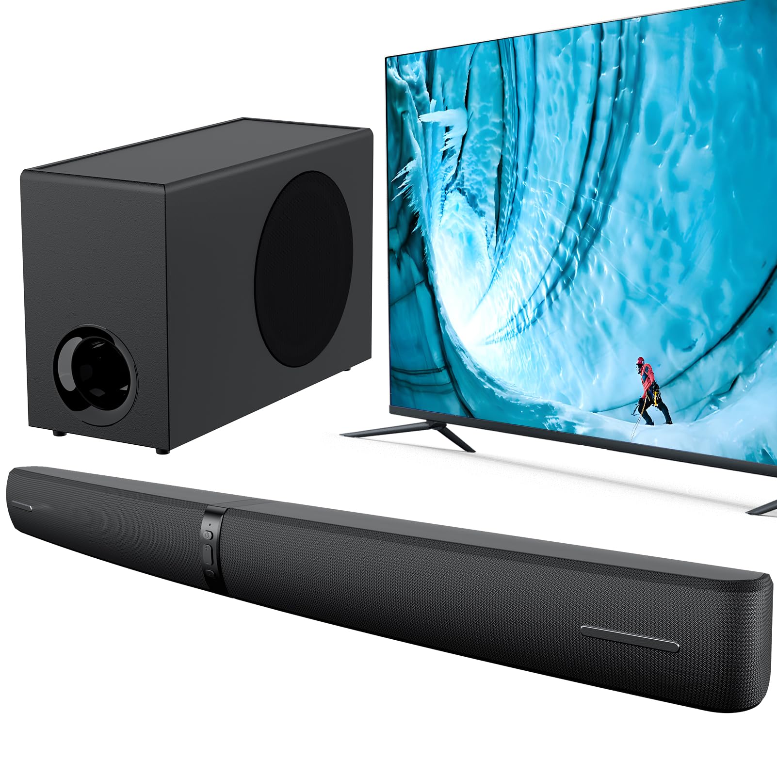 Assistrust 2.1 Sound Bar with Subwoofer, 110W Sound Bar for Smart TV with Adjustable Deep Bass & Volume Boost & 3 EQ Modes, Bluetooth/ARC/Opt/AUX, Soundbar for TV/PC/Gaming/Projector (Black)