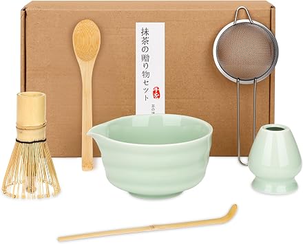 Matcha Set of 6 Pieces - Japanese Matcha Ceremony Kit with Matcha Bowl, Bamboo Matcha Whisk, Whisk Holder, Strainer, Spoon and Shovel - Gift Set for Matcha Lovers