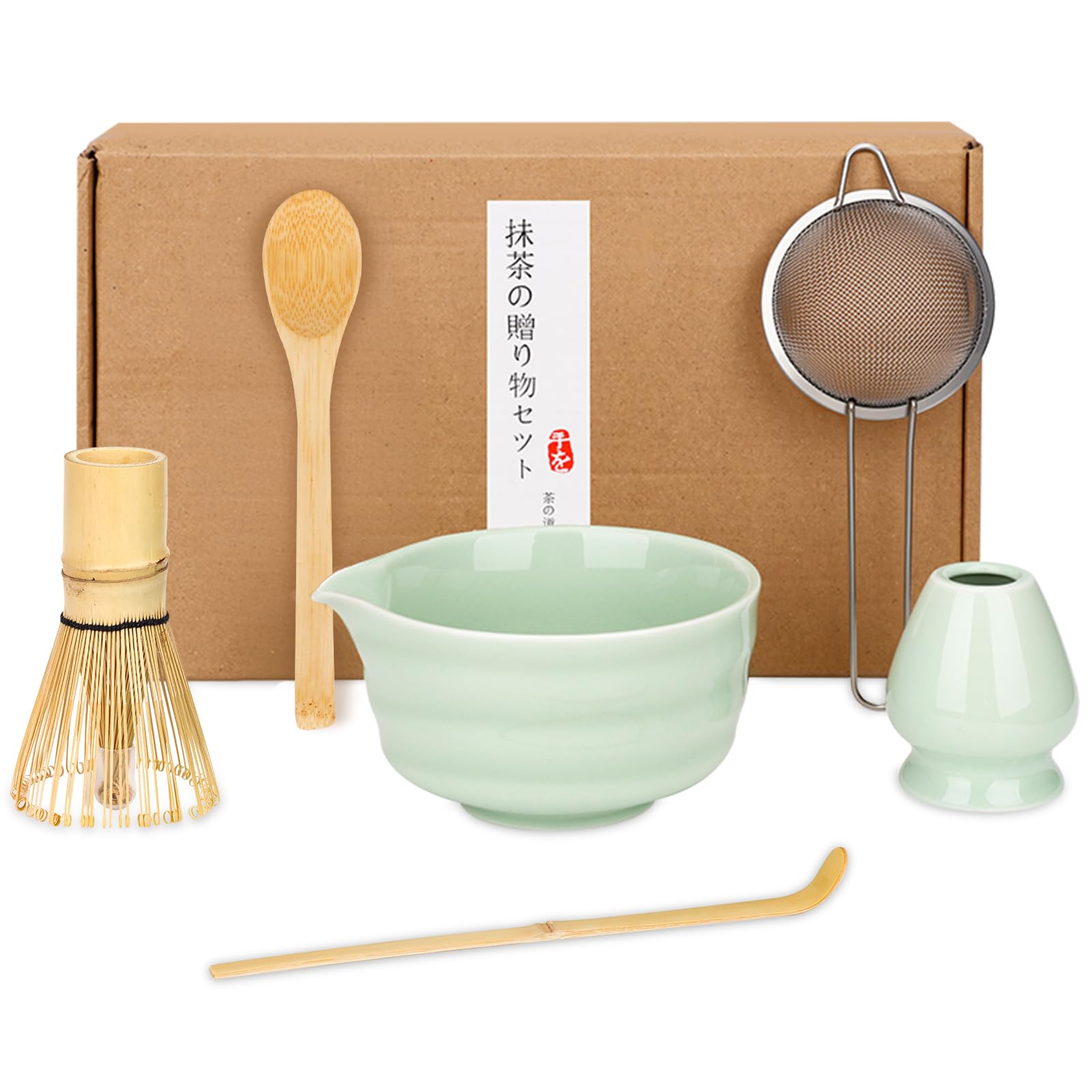 Matcha Set de 6 Piezas – Kit de Ceremonia Japonesa de Matcha con Cuenco de Matcha,Batidor de Matcha de Bambú,Soporte para Batidor,Colador, Cuchara y Pala – Set de Regalo para Amantes del Matcha
