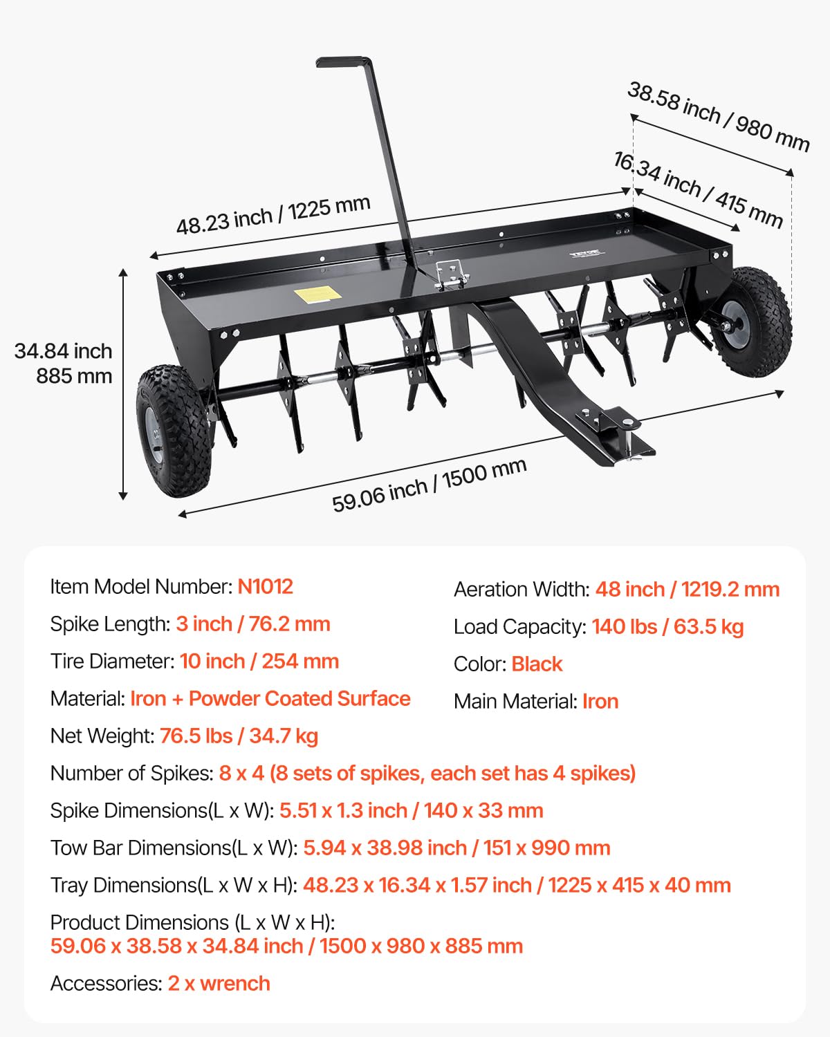 VEVOR Aerifizierer, 1500x980x885 mm, Rasenbelüfter zum Hinterherziehen mit Universalkupplung, Aufsitzmäher mit abwechselnd angeordneten Eisenspikes, Rasenlüfter für Gärten, Rasenflächen, Bauernhöfe