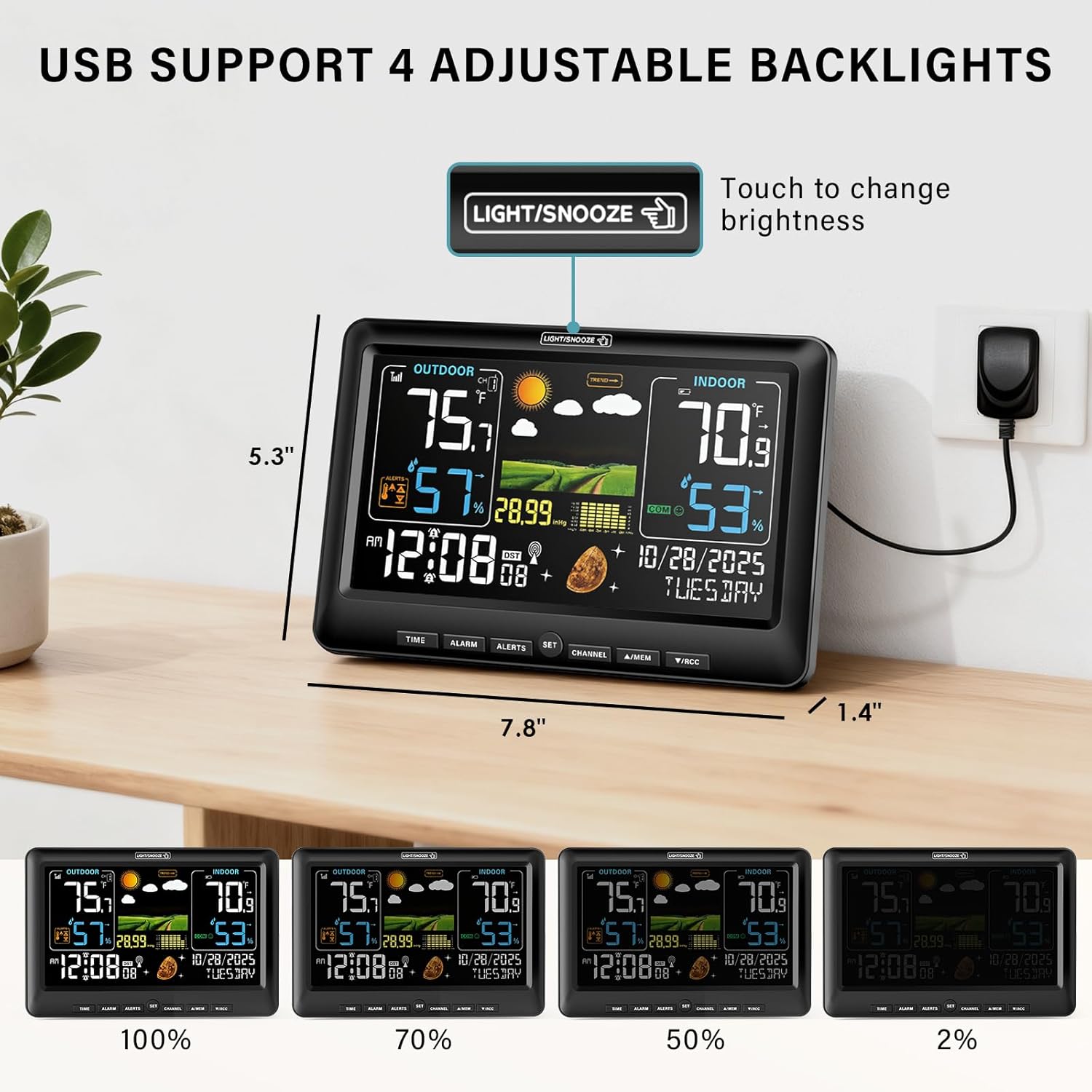 BluSon Weather Station Wireless Indoor Outdoor Thermometer, Color Display Digital Temperature Humidity Monitor with Atomic Clock, Weather Forecast, Adjustable Backlight, Home Weather Statio, Black - Image 6