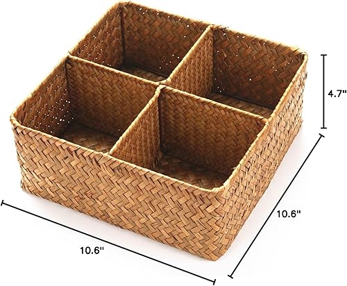 Miniatura 8 de Cesta de almacenamiento tejida de hierba marina con 4 secciones divididas, cesta de mimbre organizadora para encimerasarmarioestanteaparador