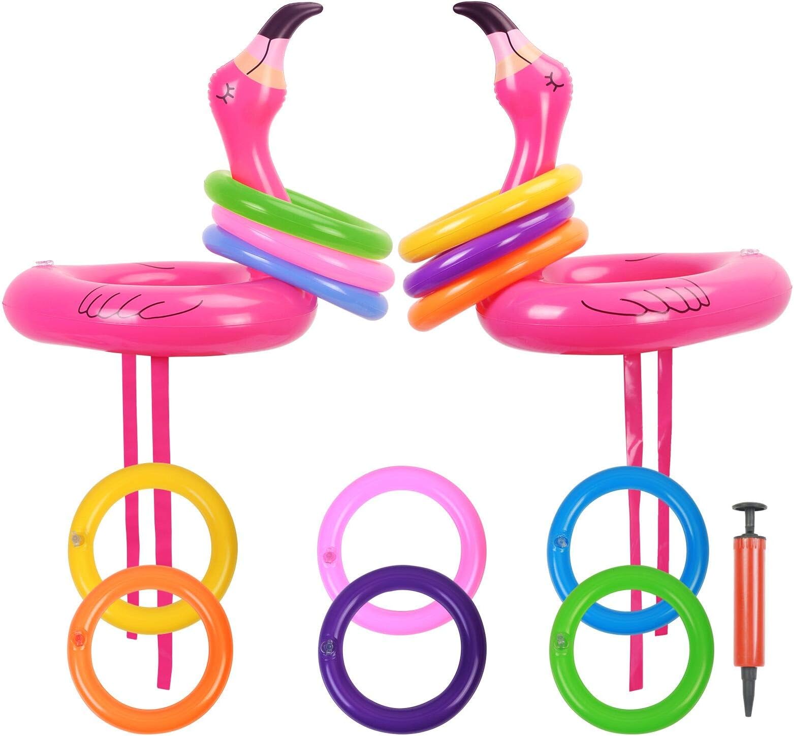 KATOOM Inflatable Flamingo Ring Toss Game 2 Pcs Inflatable Flamingo Hat Pool Toys Party Decoration with 12 pcs Floating Swimming Rings for Kids and Adult Family Party Game Water Fun