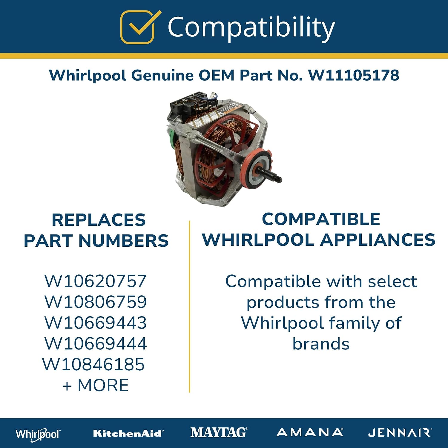 Whirlpool W11105178 Genuine OEM Dryer Drive Motor Replacement Part - Replaces W10620757, W10806759, W10669443, and more