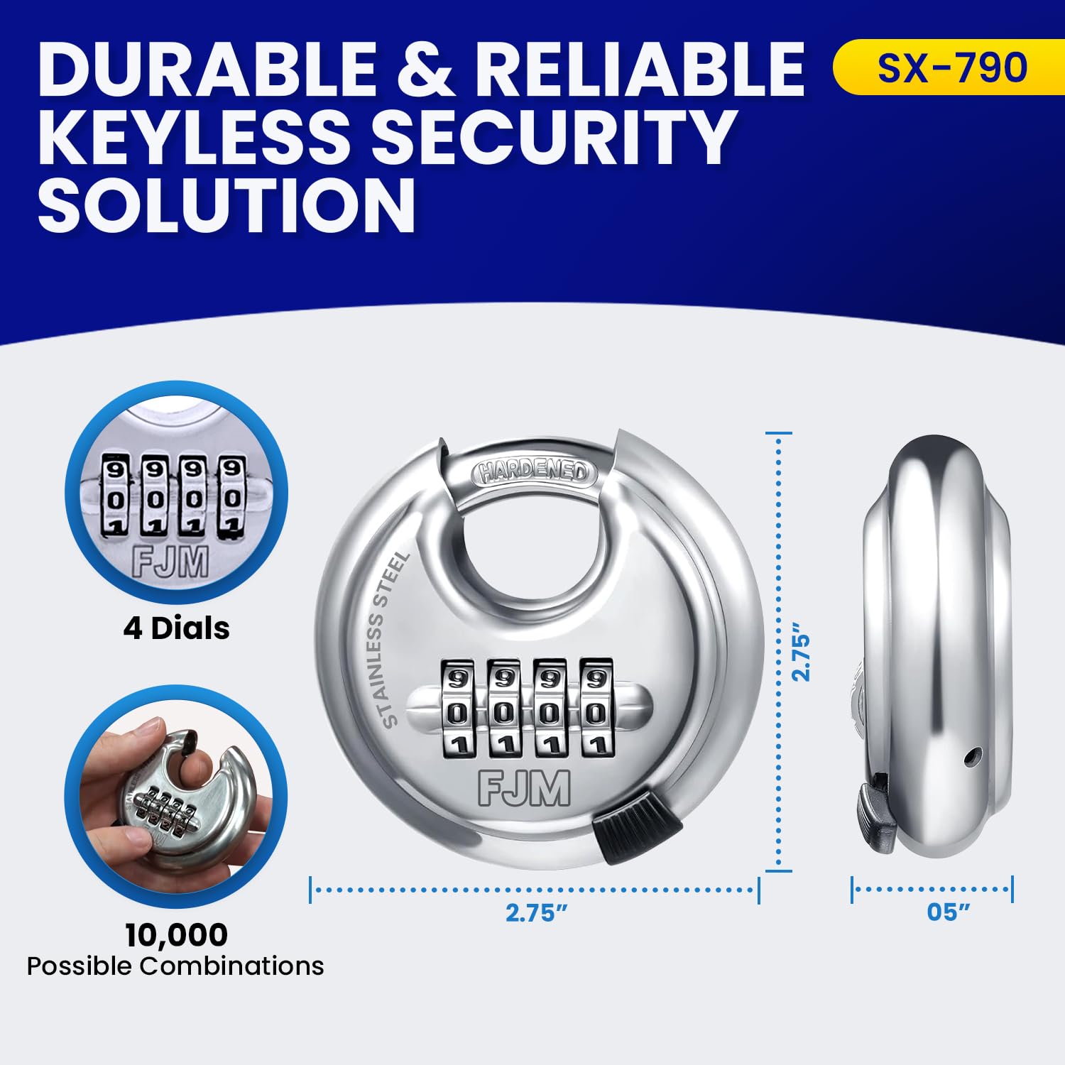 FJM Security Produkty FJM Security SX-790 4-tarczowa kłódka tarczowa z ekranowaną szeklą ze stali hartowanej i 10 000 możliwych kombinacji, chrom, 1 opakowanie