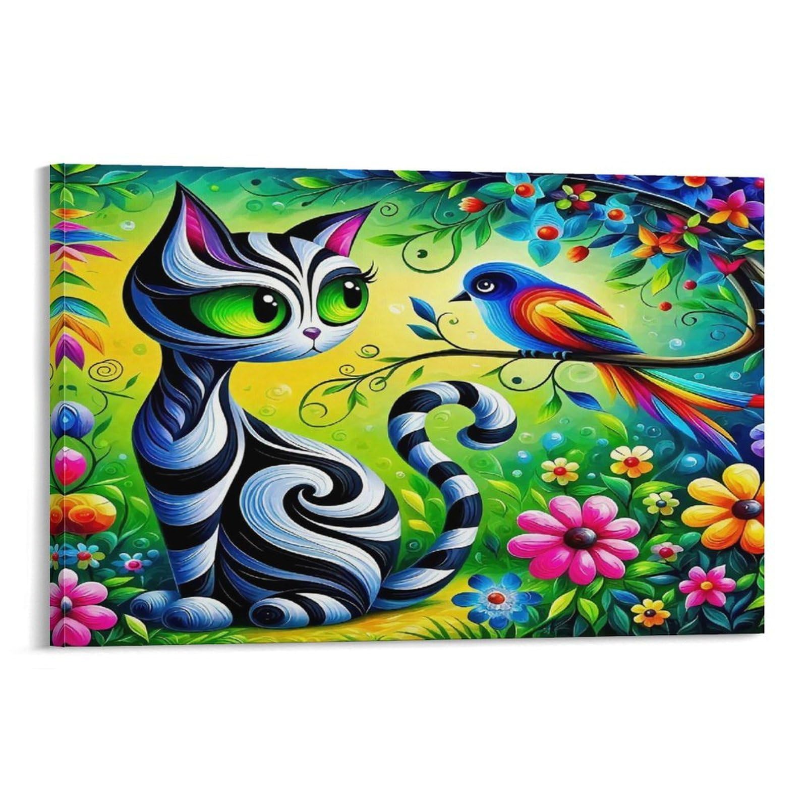 CPLVKWRQJ Snowy Kitten Licking Snowflakes Individual Swirl Striped Cat Colorful Bird Flower Bush Framed Canvas Art - Living Room Focal Point Fade Resistant Gallery Wall Decor 20x30inch(50x75cm)