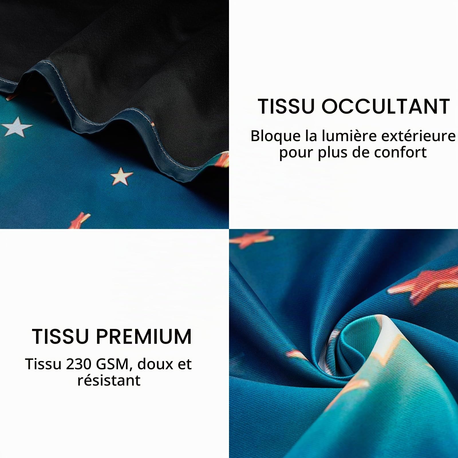 YONGFOTO Rideaux Occultants Espace Chambre d'enfant Garçon Étoiles Bleues | Étoiles Dorées Scintillantes Rideaux Thermiques Occultants pour Chambre à Coucher avec Œillets 2 Panneaux 107 x 160 cm