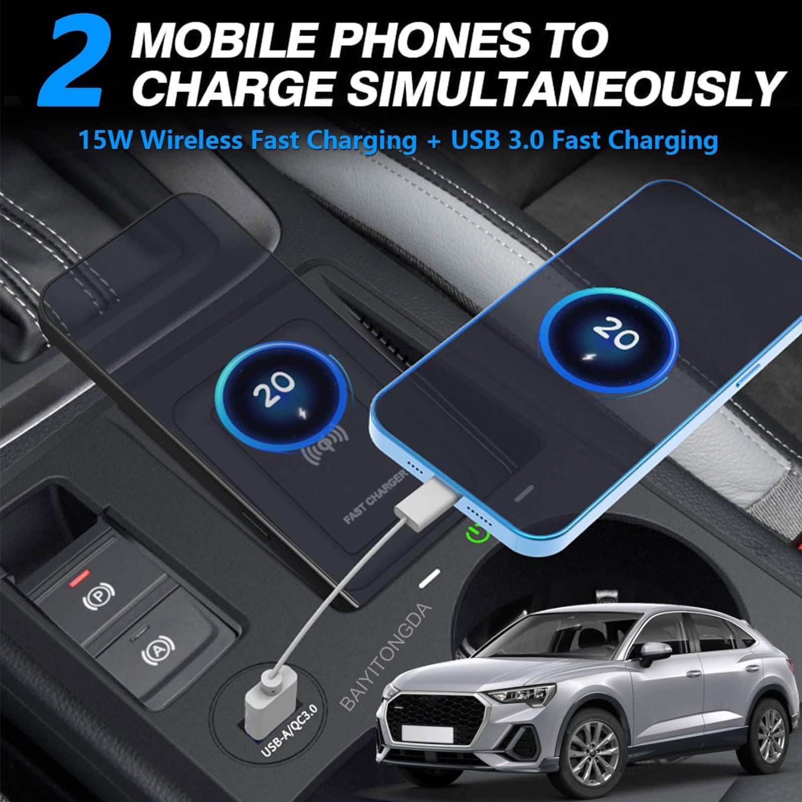 Bezprzewodowa ładowarka samochodowa do Audi Q3 2019-2023, Q3 Sportback 2020-2023, 15W QI Szybka ładowarka do ładowarki z portem USB QC3.0 dla telefonów QI